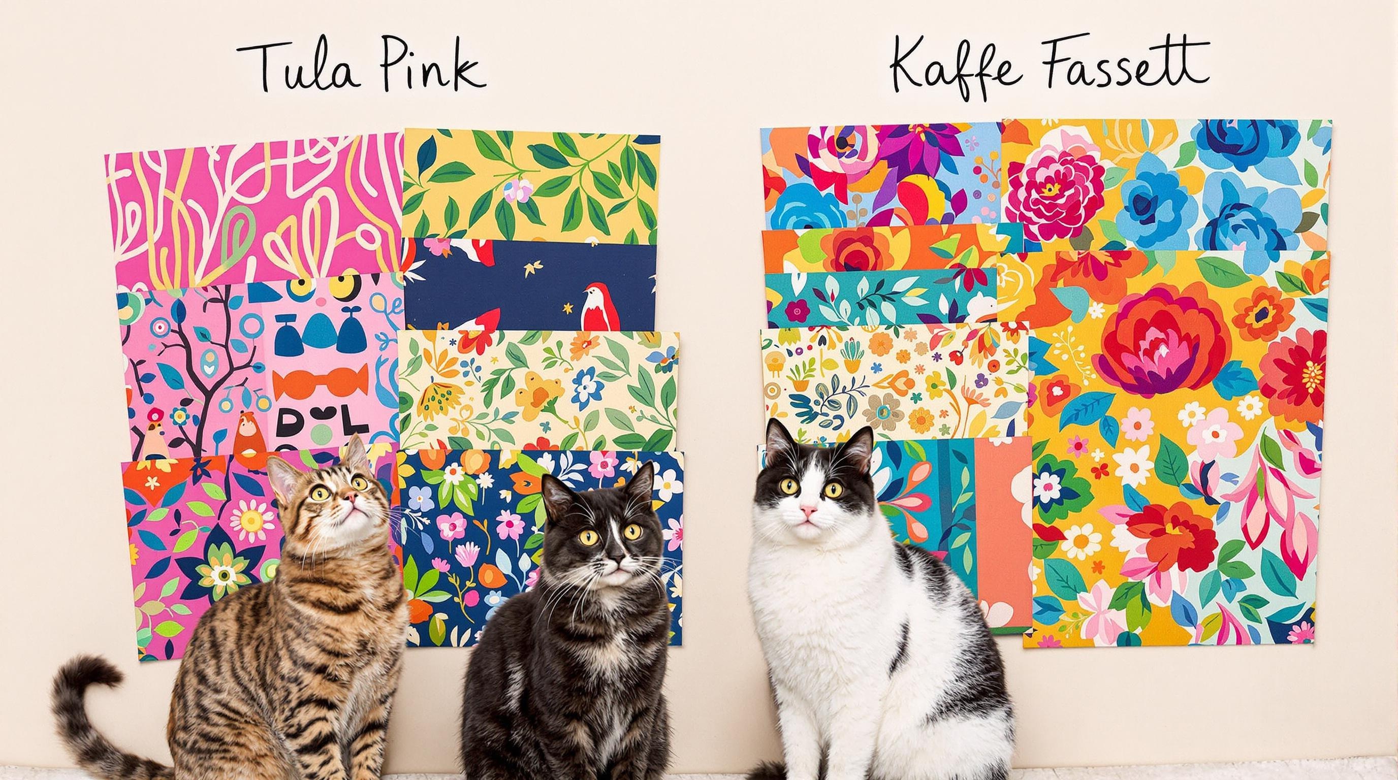 Comparaison Tula Pink Kaffe Fassett patchwork chats juges