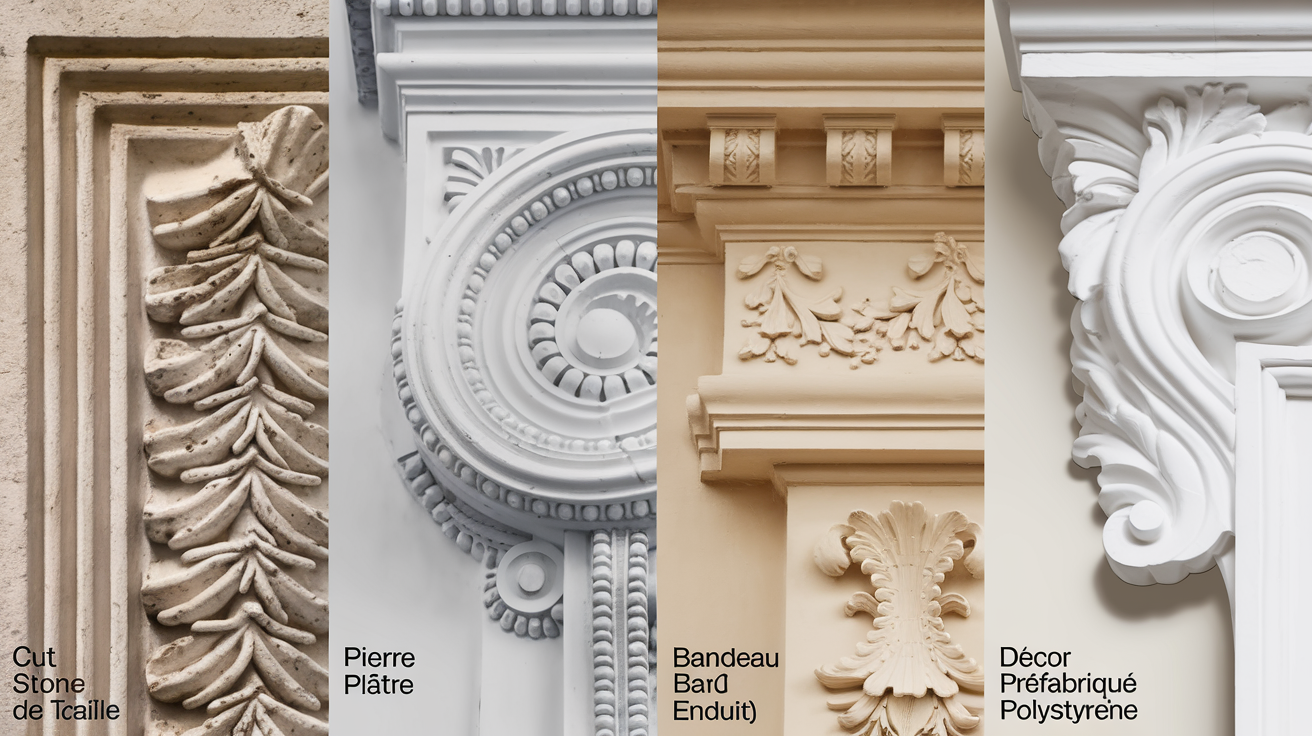 Comparatif visuel des modénatures : pierre de taille, moulure en plâtre, bandeau en enduit et décor préfabriqué en polystyrène.