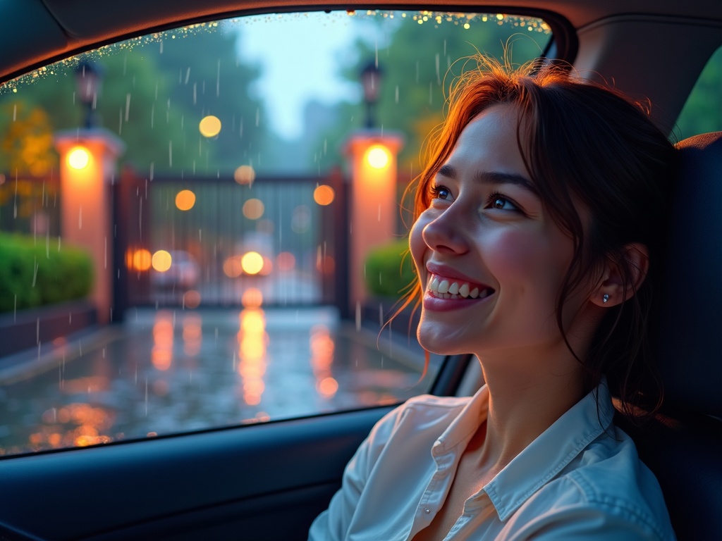 Personne souriante dans sa voiture regardant son portail automatique s'ouvrir par temps de pluie, illustration du confort.