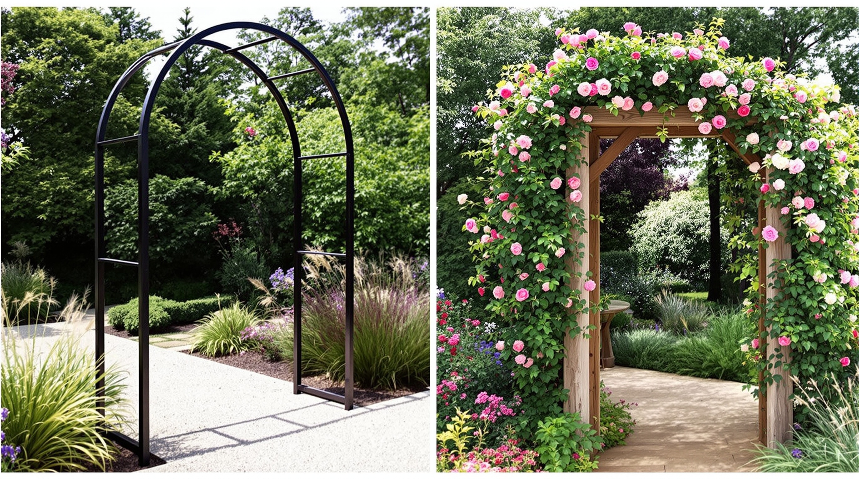 Deux styles d'arches de jardin illustrant le contraste entre moderne métal noir lignes épurées et romantique bois brut.