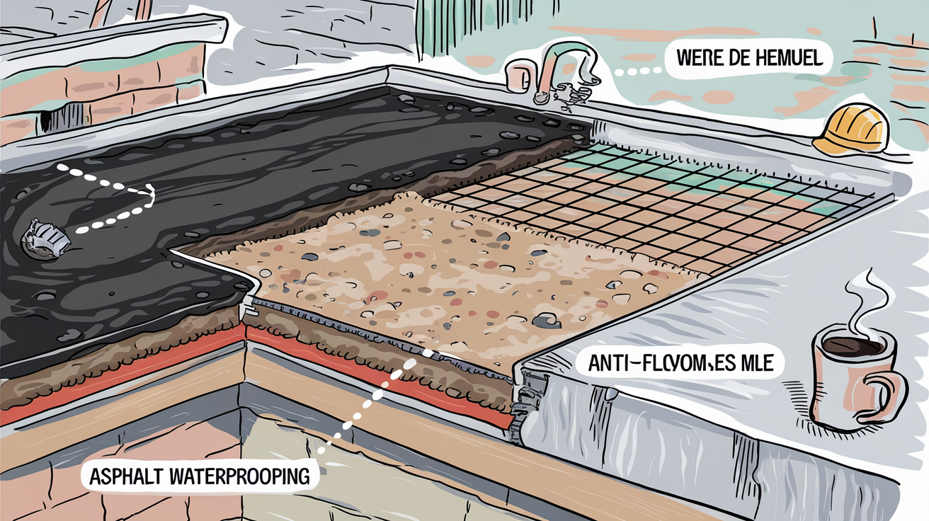 Vue en coupe d'une toiture terrasse avec asphalte, gravillons et grille anti-flottement