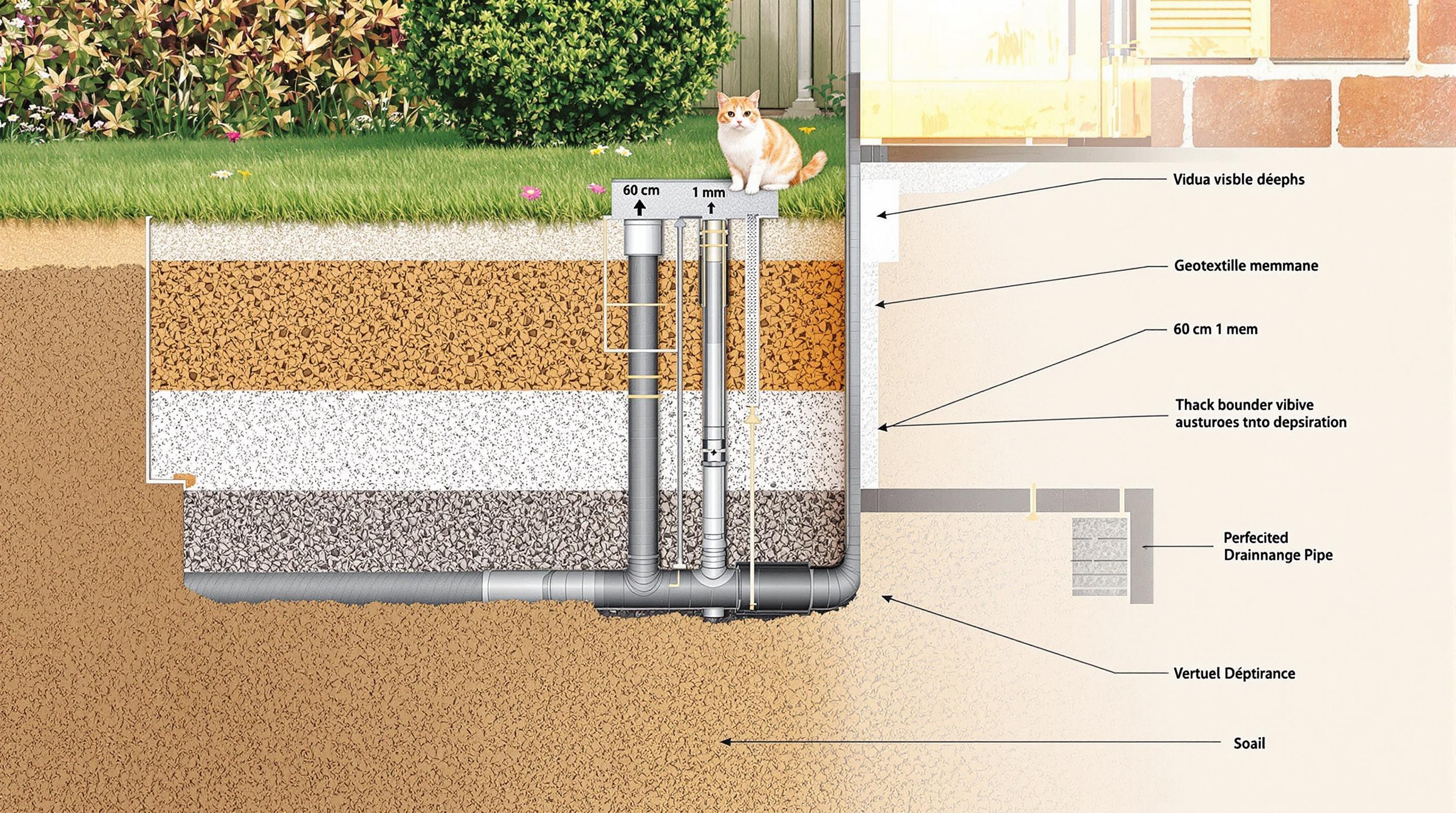 Schéma technique d'une tranchée de drainage autour d'une maison avec profondeur indiquée (60 cm - 1 m), géotextile, lit de gravier et chat observateur.