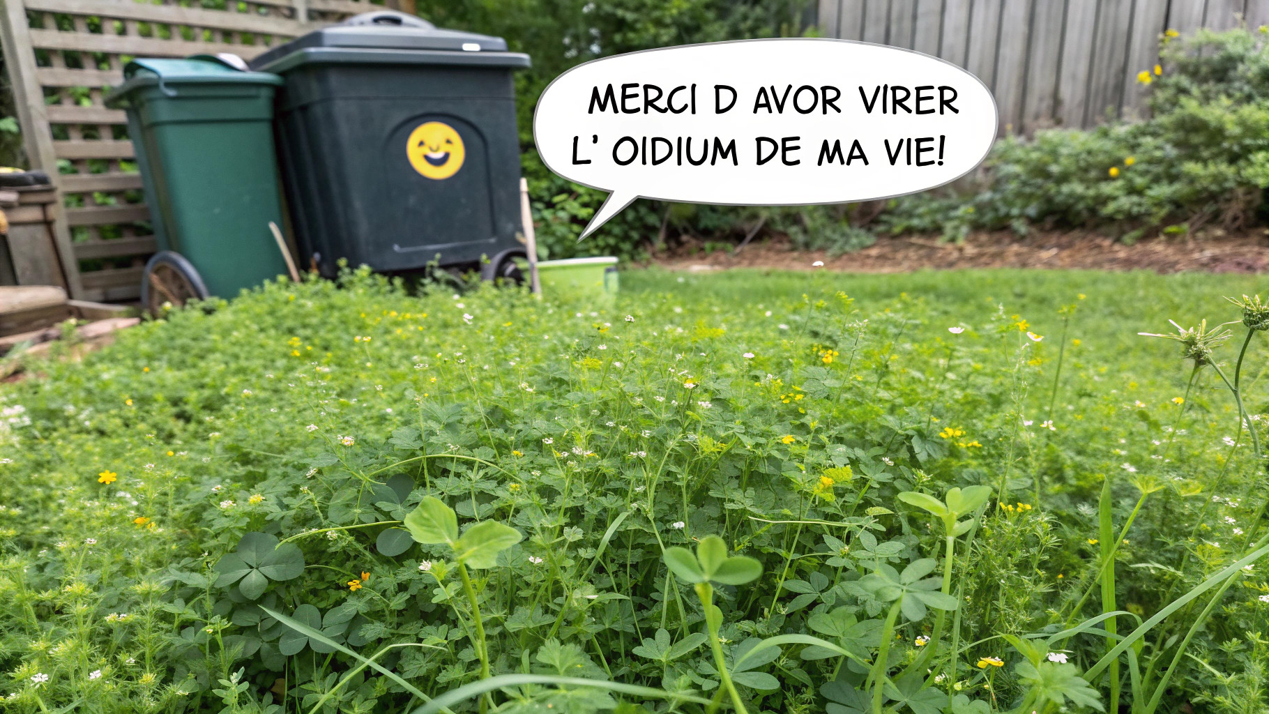Couverture végétale dense, composteur et rosier