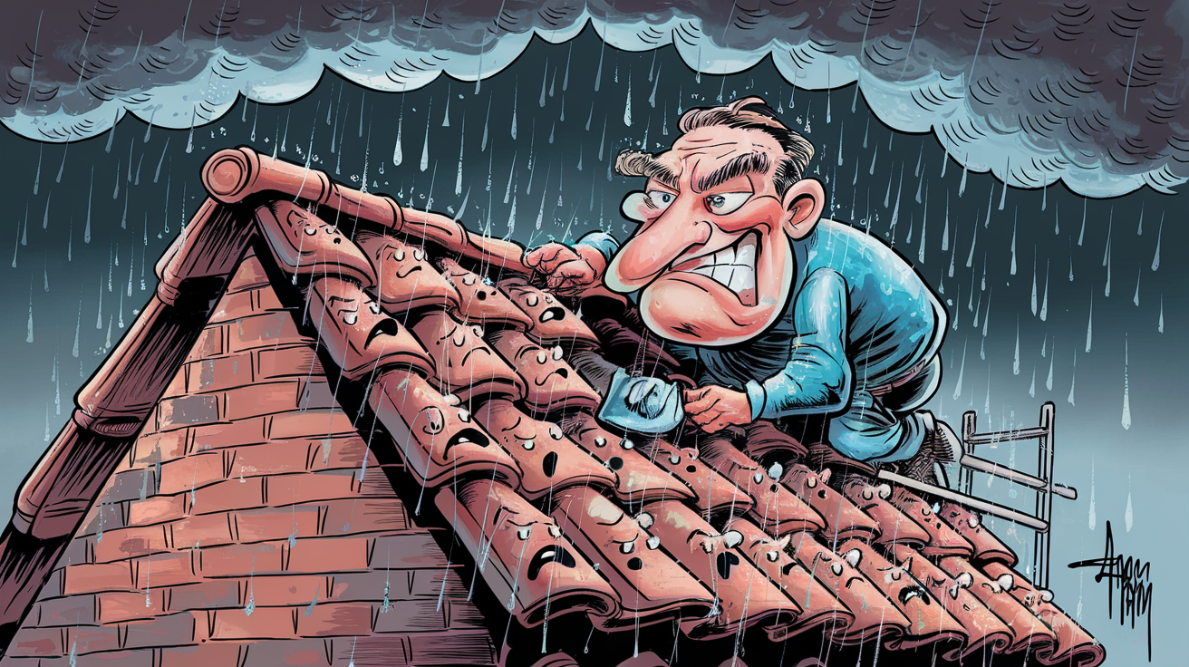 Tuiles pleurant sous la pluie sur une toiture faible pente