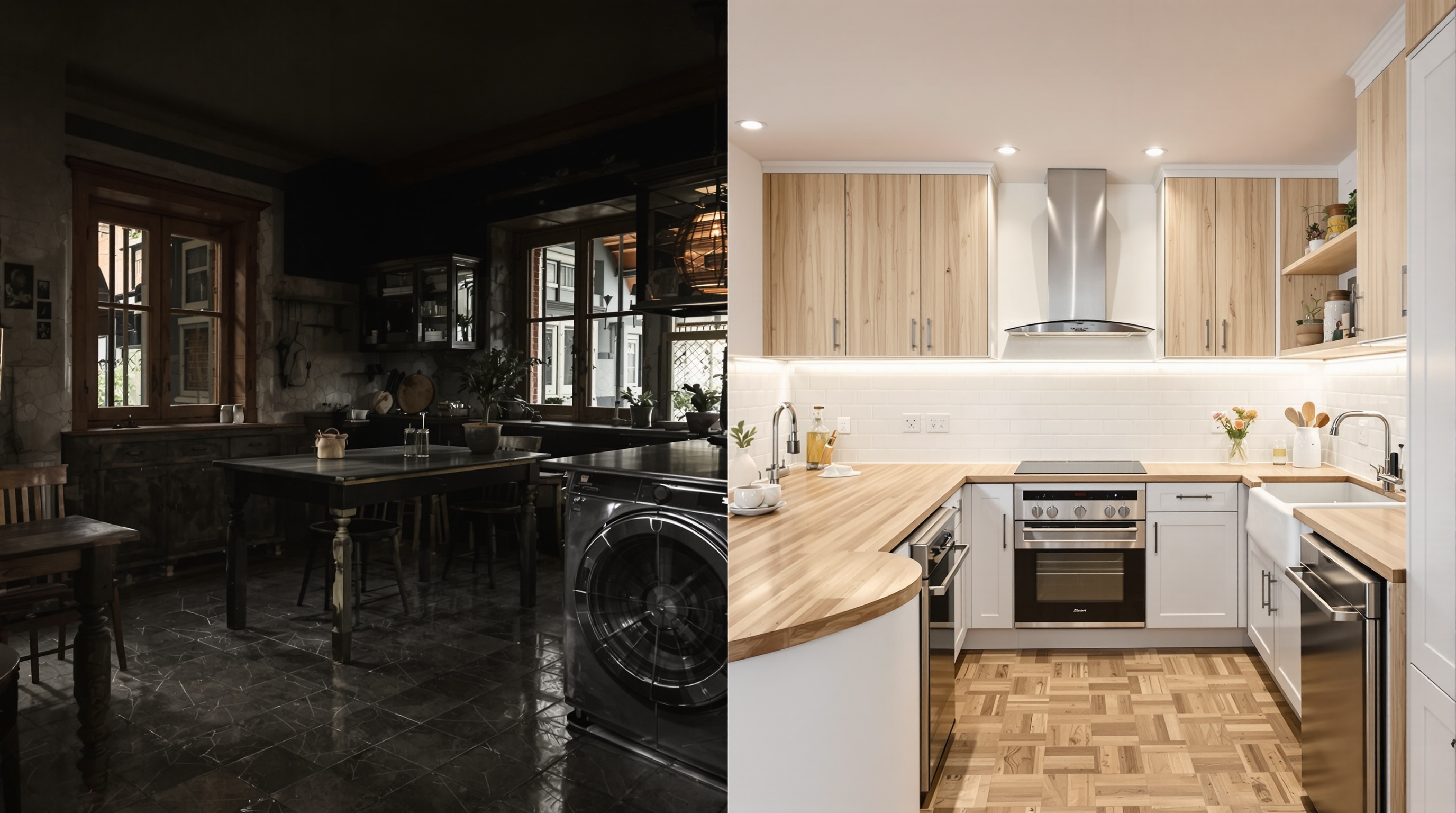 Transformation spectaculaire avant/après d'une cuisine moderne et lumineuse avec plan de travail bois clair et crédence brillante.