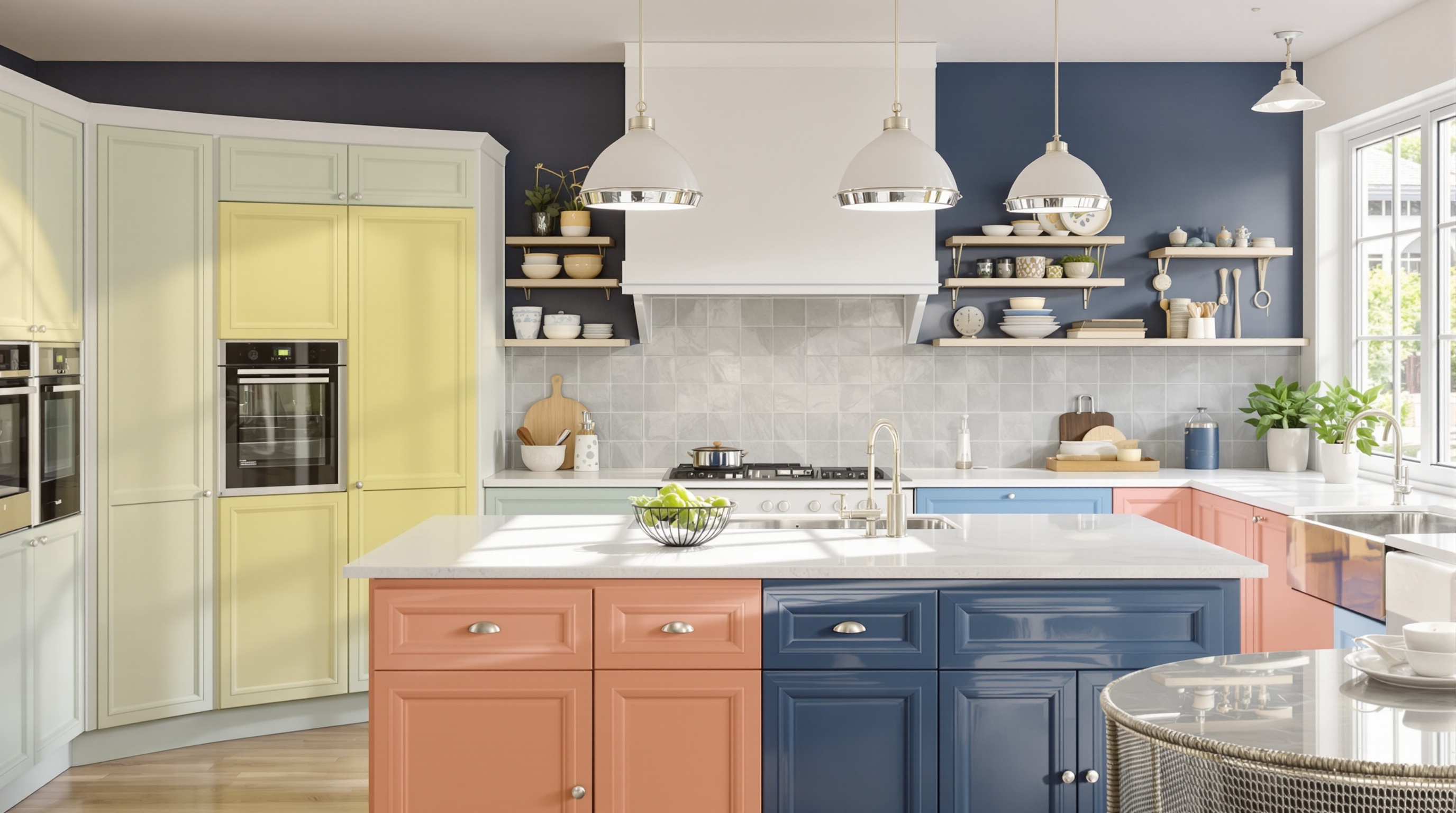 Cuisine moderne lumineuse avec plan de travail clair et mur accent bleu marine.