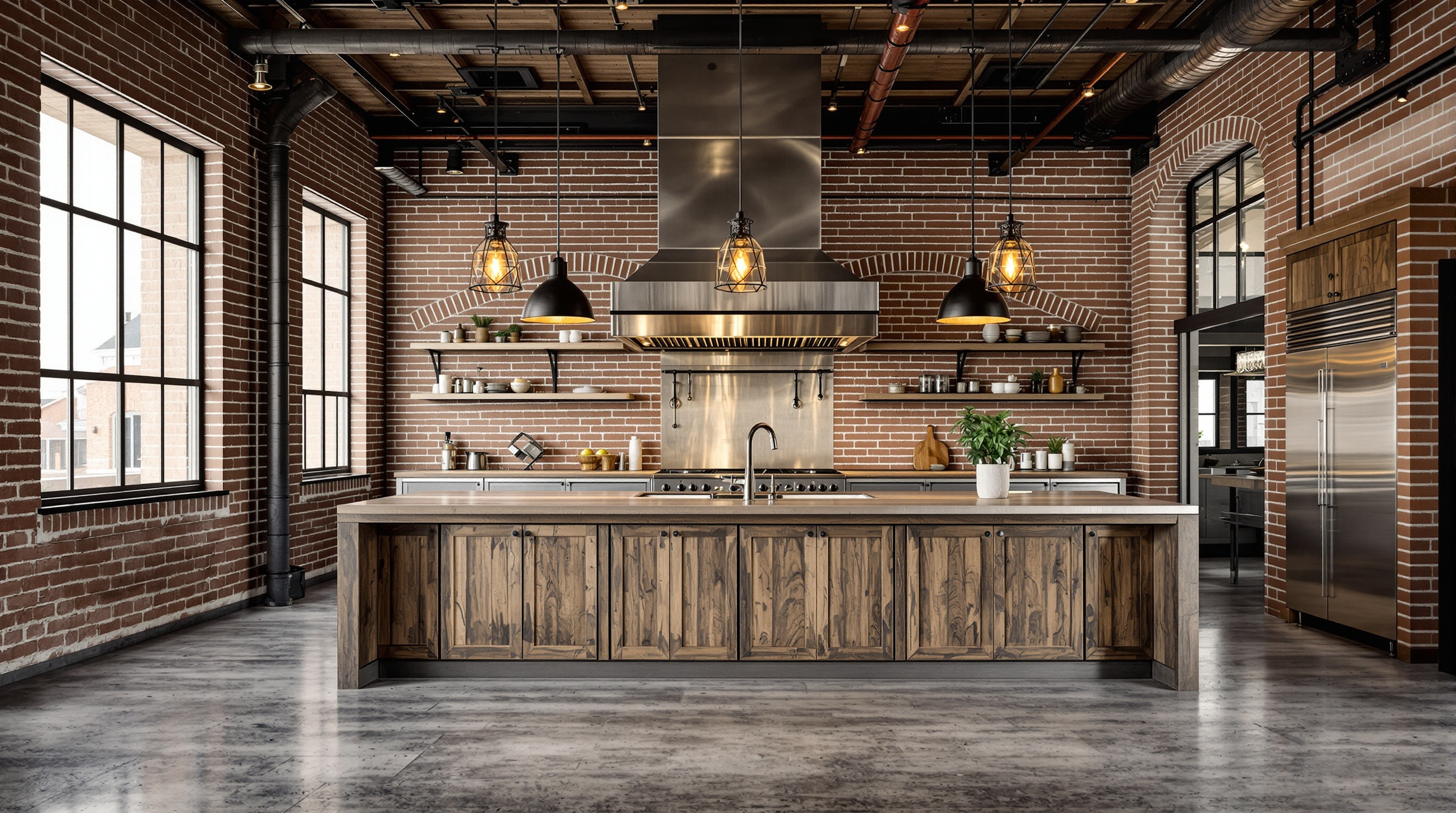 Cuisine ouverte de style loft industriel avec briques apparentes, acier et îlot central