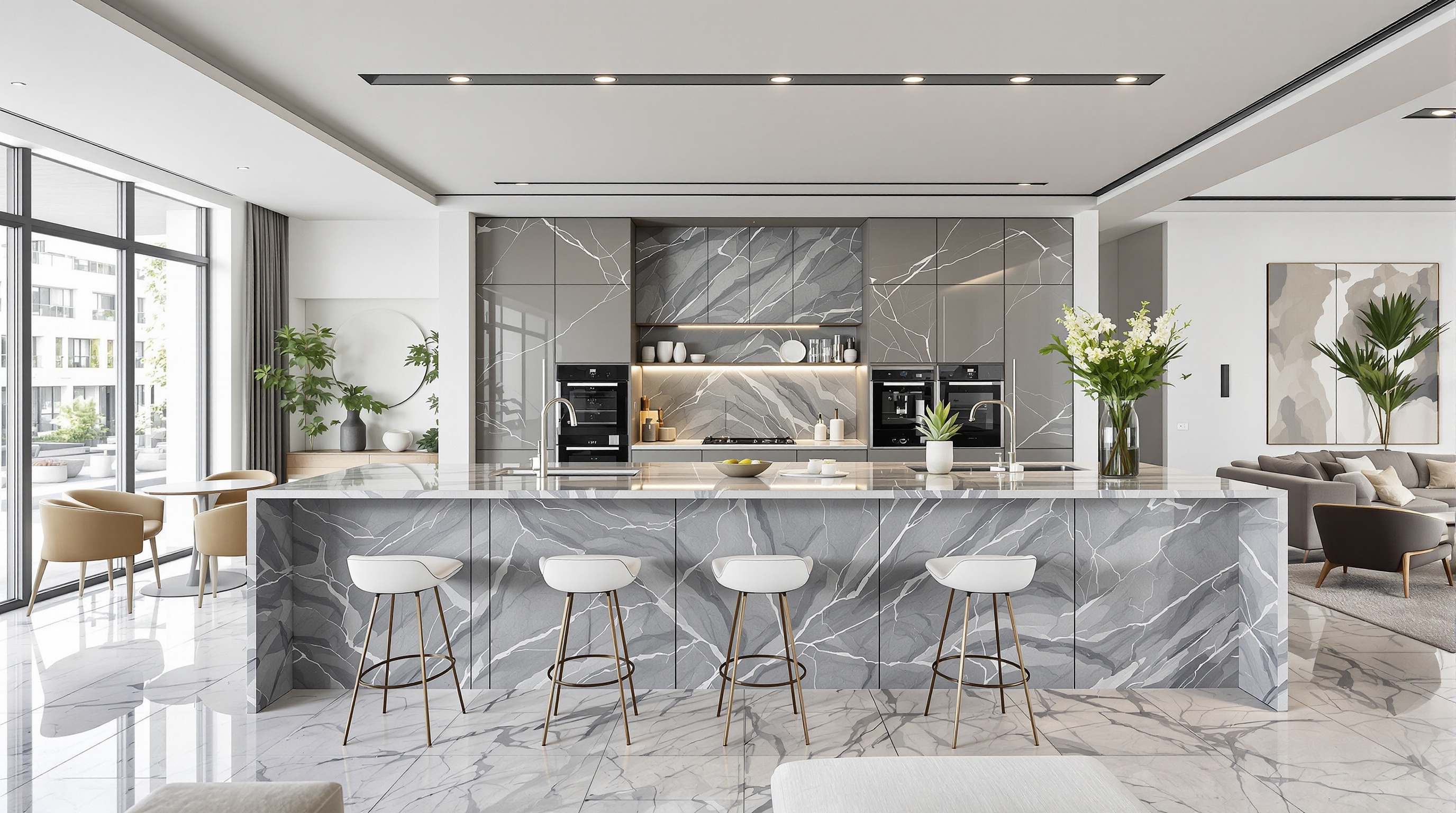 Cuisine ouverte moderne avec îlot central en marbre gris veiné, séparant harmonieusement l'espace cuisine du salon. L'îlot est équipé de tabourets hauts et de rangements intégrés.