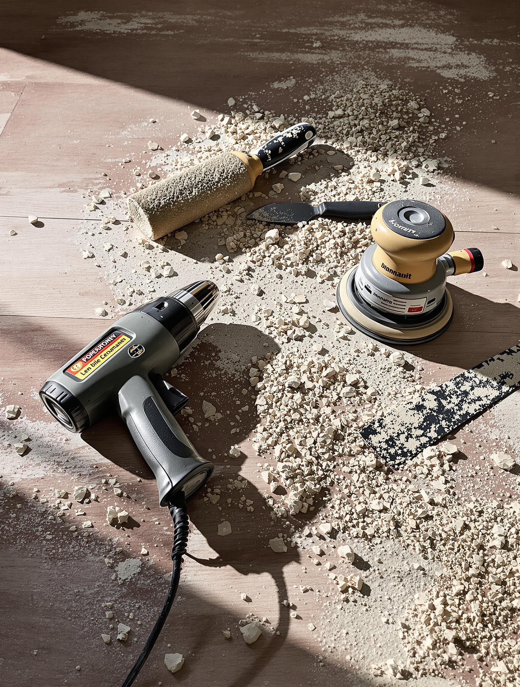 décapage parquet peint spatule thermique ponceuse copeaux