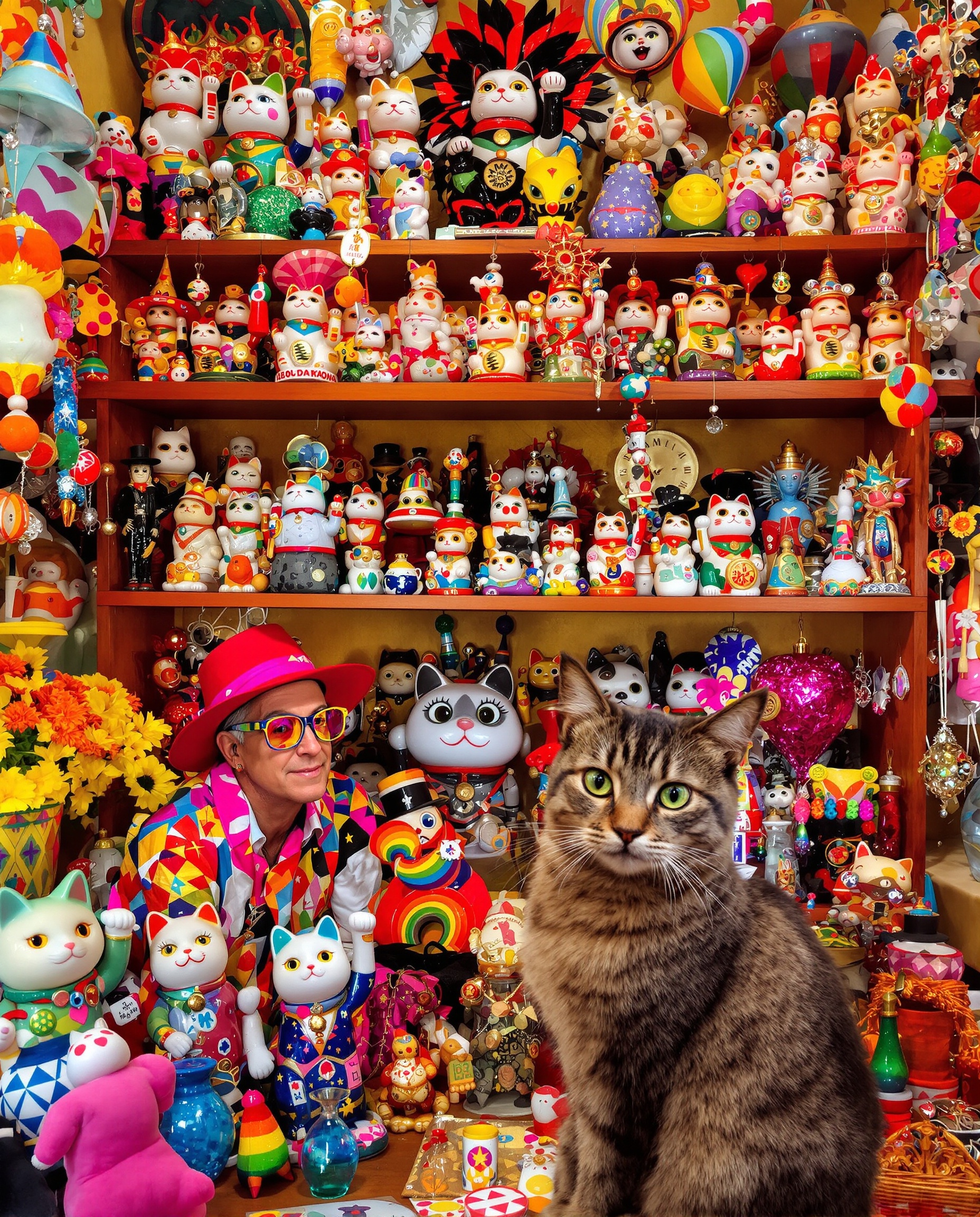 Décorateur excentrique et chat sceptique devant des objets porte-bonheur