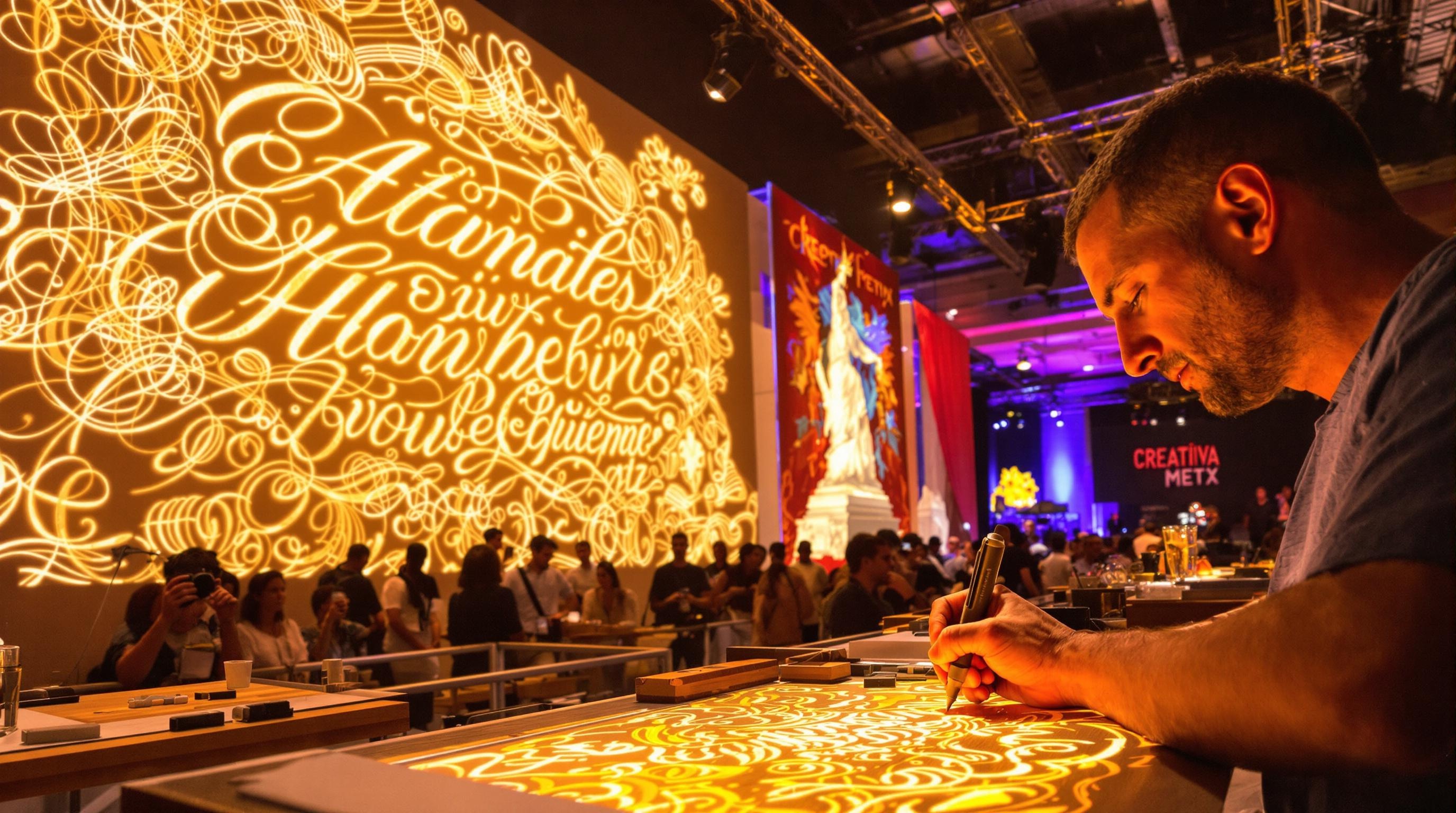 Démonstration live Creativa Metz pyrogravure calligraphie mapping mural