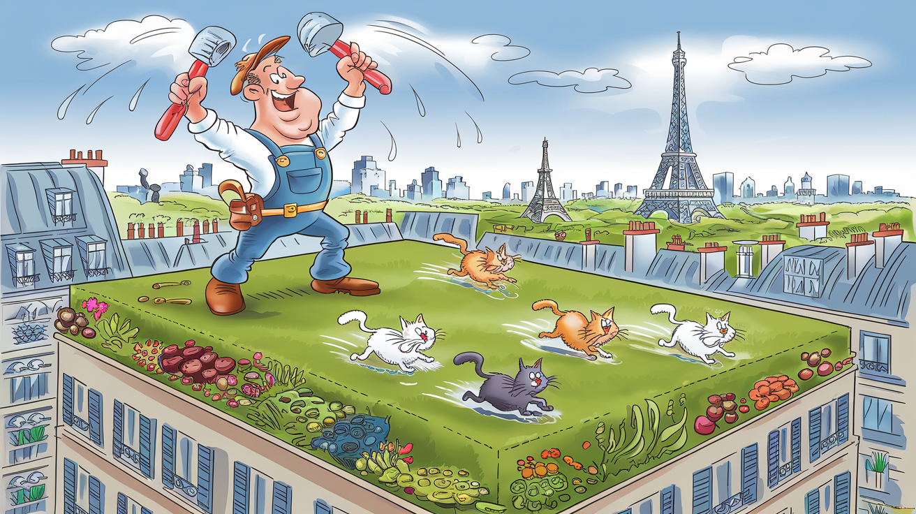 Bricoleur triomphant sur une toiture terrasse végétalisée