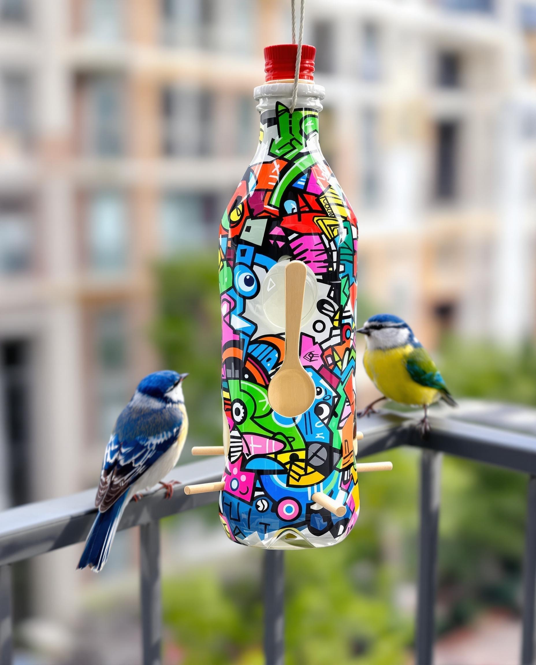 Mangeoire DIY en bouteille plastique avec perçages et ficelle pour mésanges.