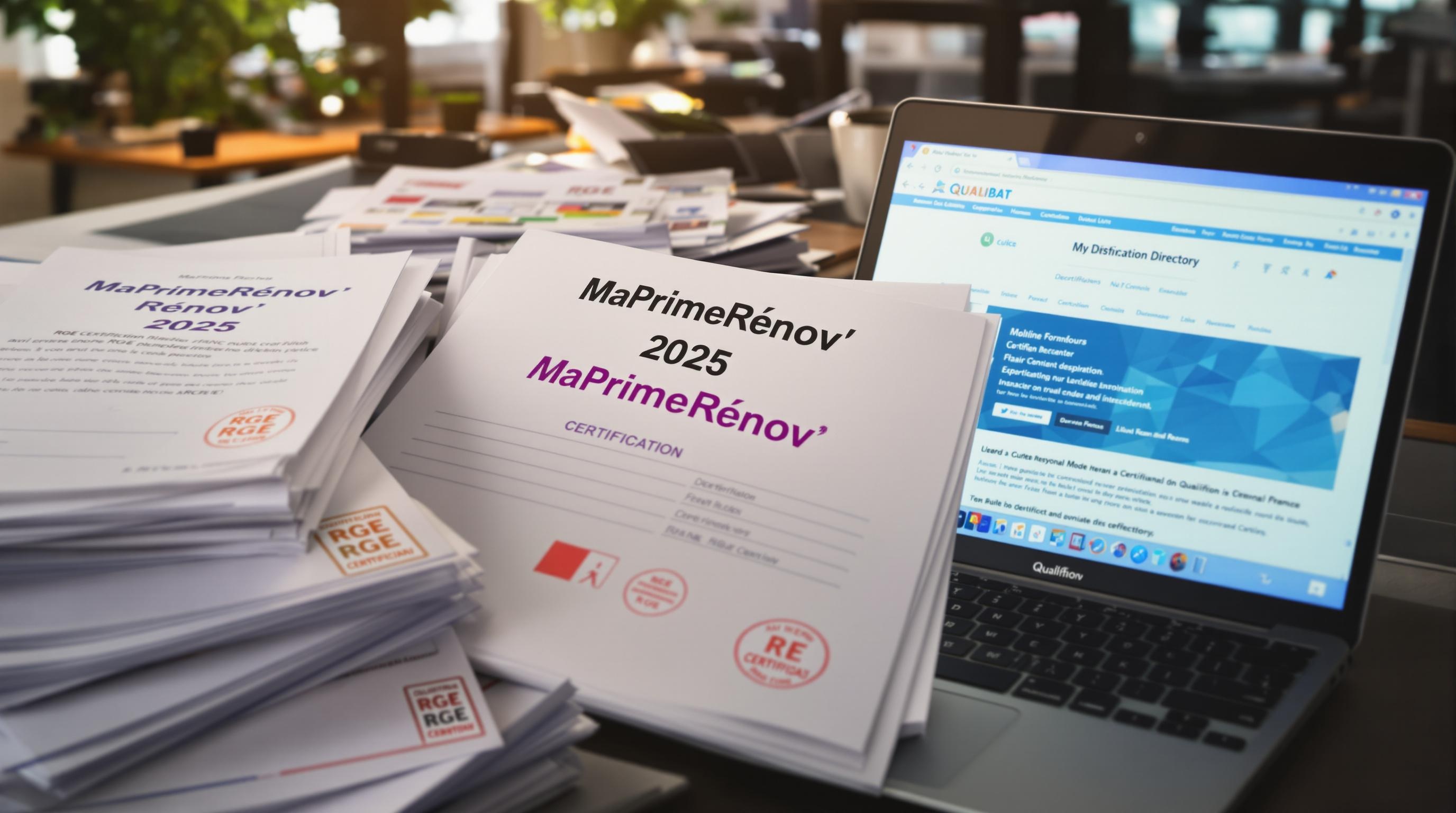 Dossier MaPrimeRénov' 2025 avec tampons RGE et annuaire Qualibat ouverts