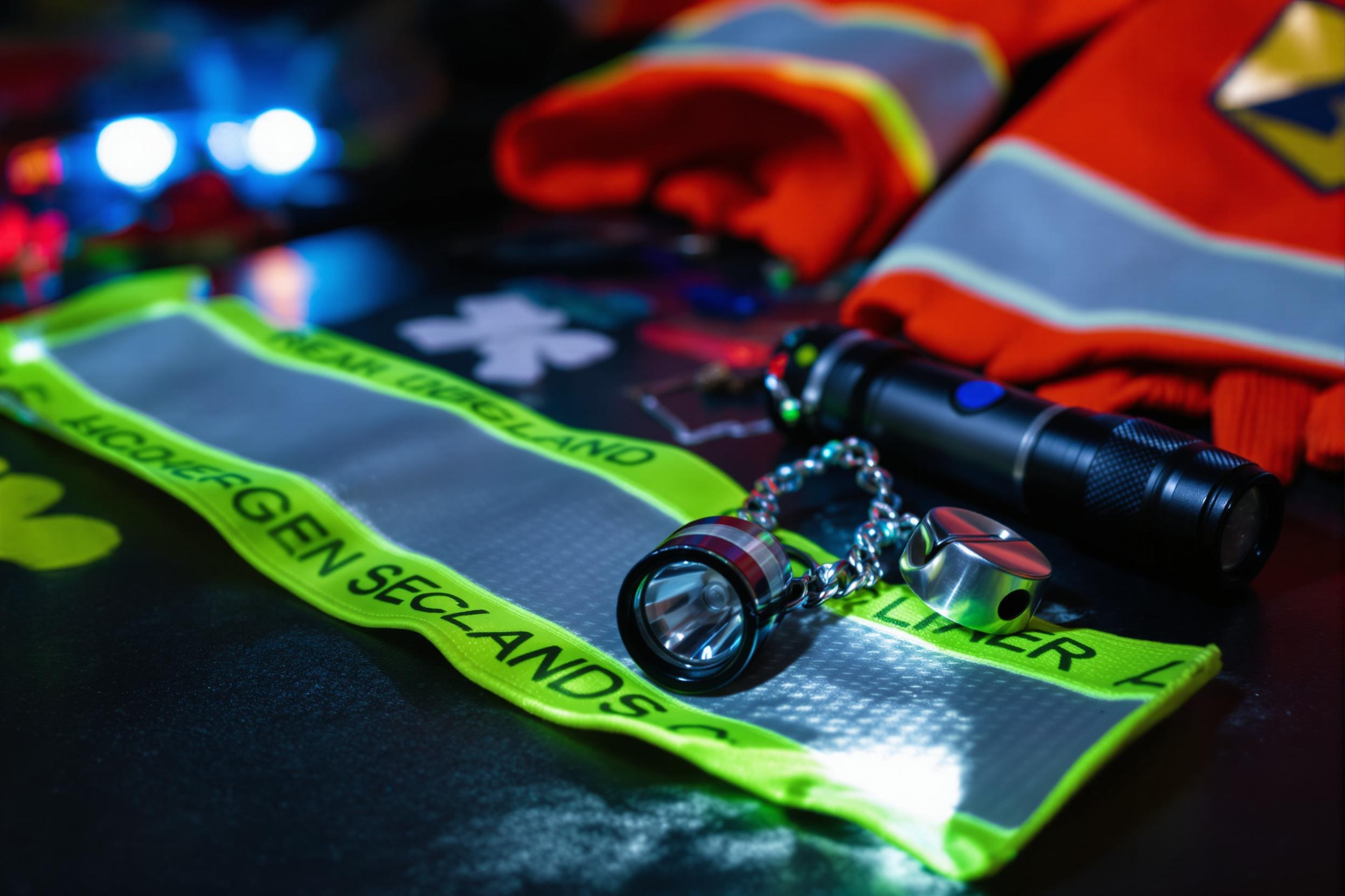 L'équipement essentiel d'un guide-file ou serre-file comprend un brassard fluorescent pour une identification immédiate, une lampe torche pour naviguer dans l'obscurité et un sifflet pour alerter.