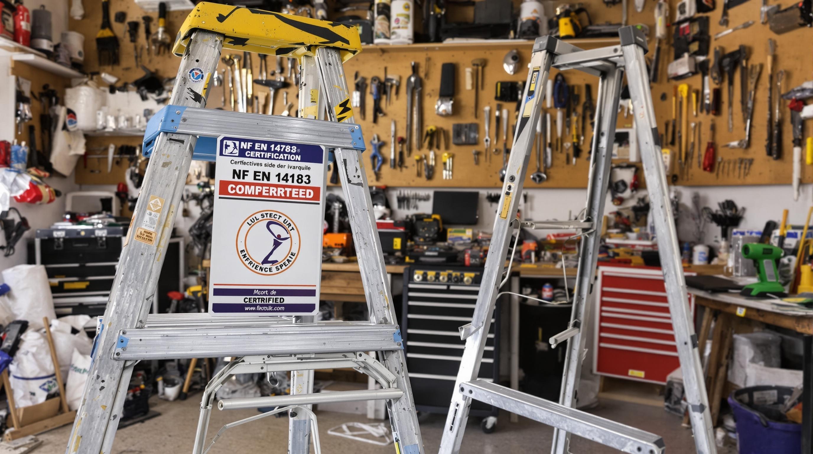 Escabeau solide avec sticker NF EN 14183 à côté d'un escabeau discount déformé. Atmosphère atelier bricoleur, outils en vrac.