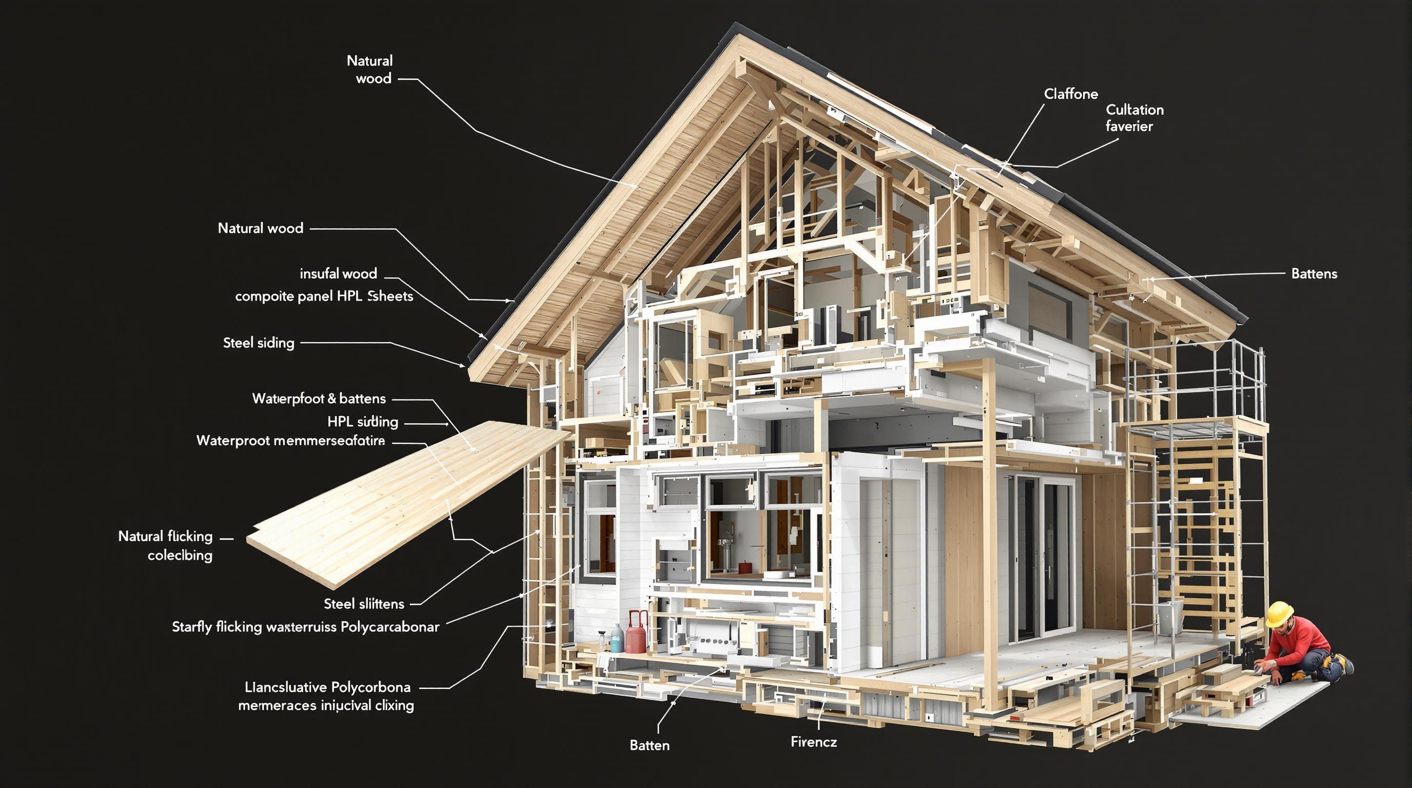 Façade bardée mixte avec détail d'une planche envolée