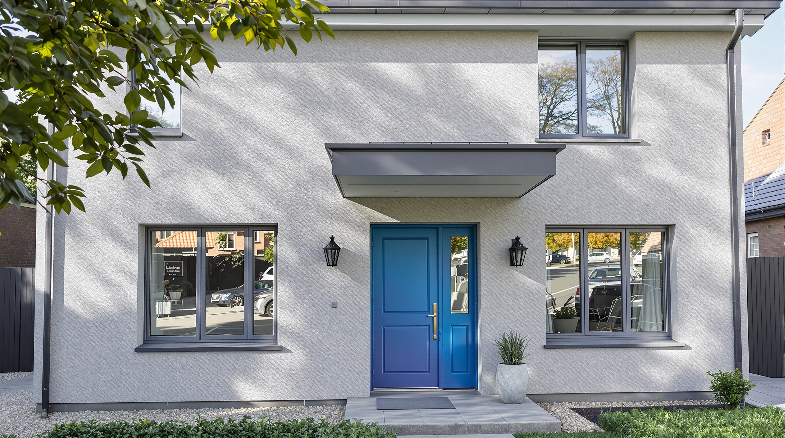 Exemple de façade gris perle avec menuiseries anthracite, porte colorée et toiture assortie
