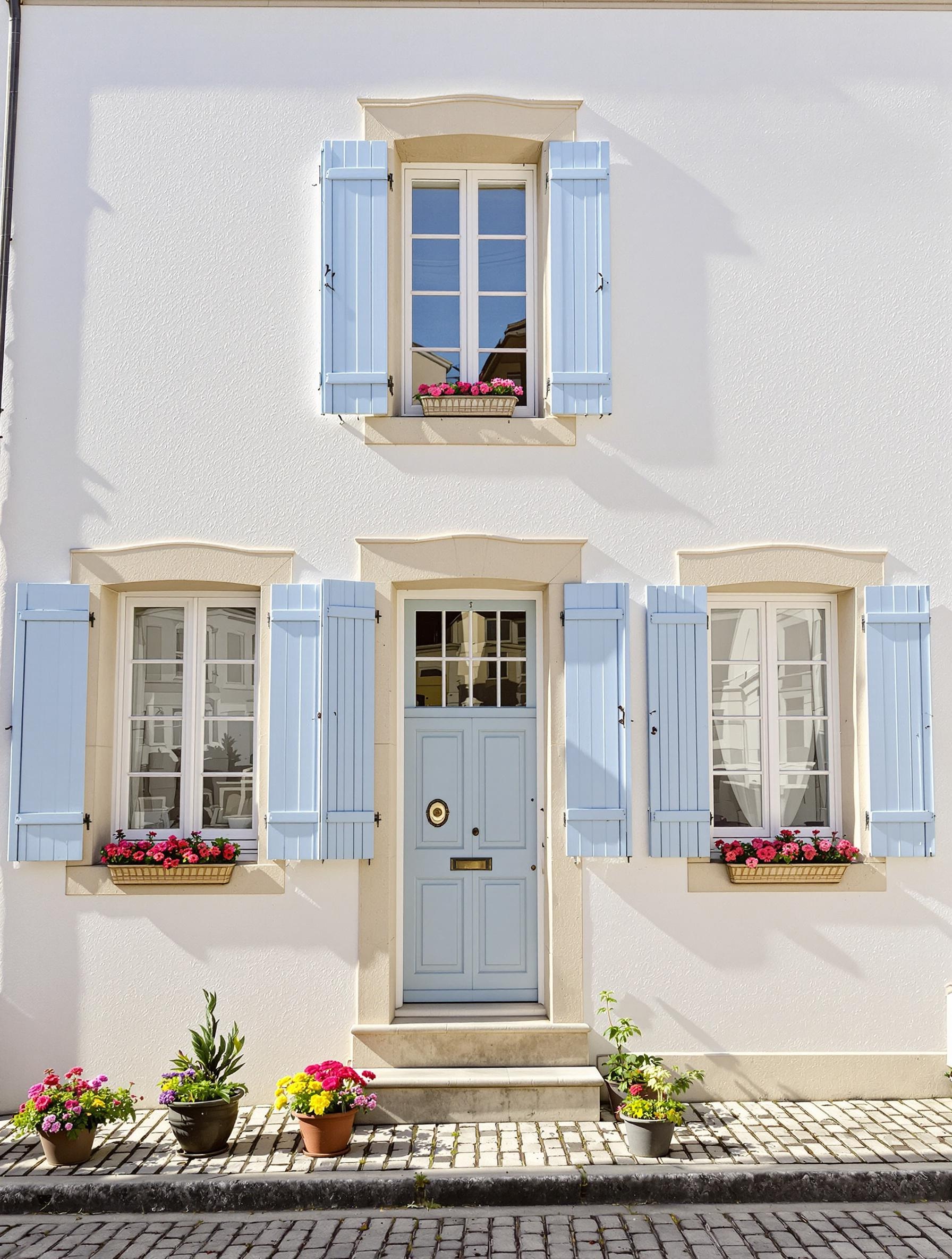 Façade rénovée après isolation extérieure : enduit à la chaux neuf, peinture blanche éclatante et volets bleus