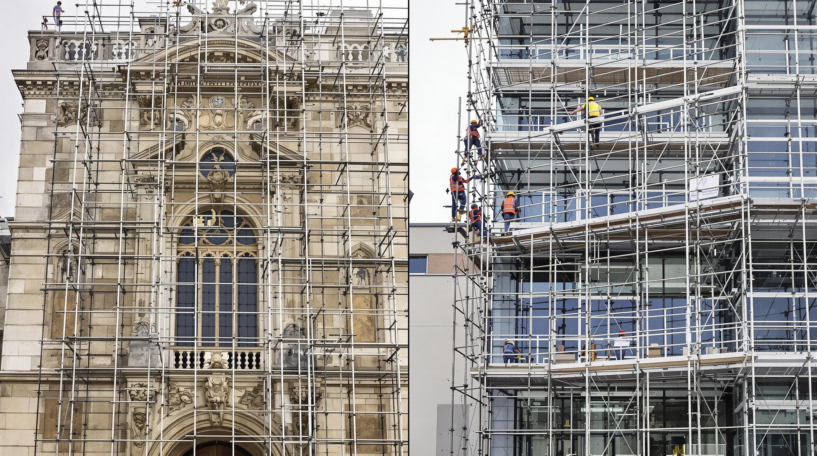 Façade ancienne en restauration et façade contemporaine sous échafaudage