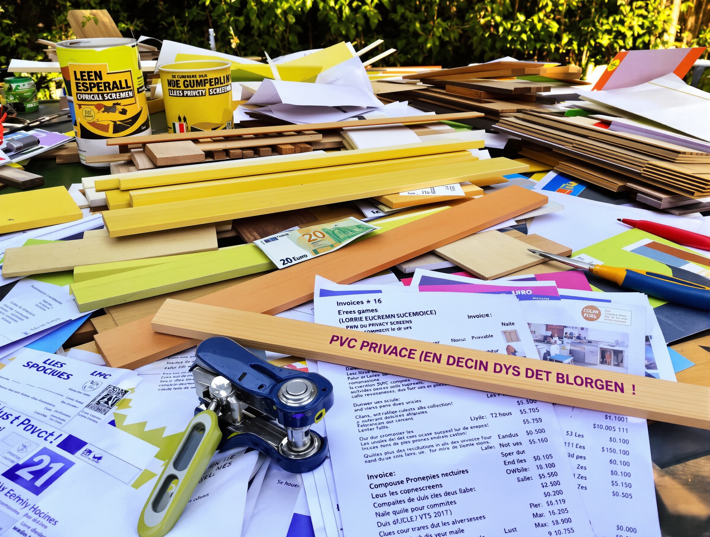 Factures, rouleaux brise-vue PVC, bois, composite et outils éparpillés sur table de jardin