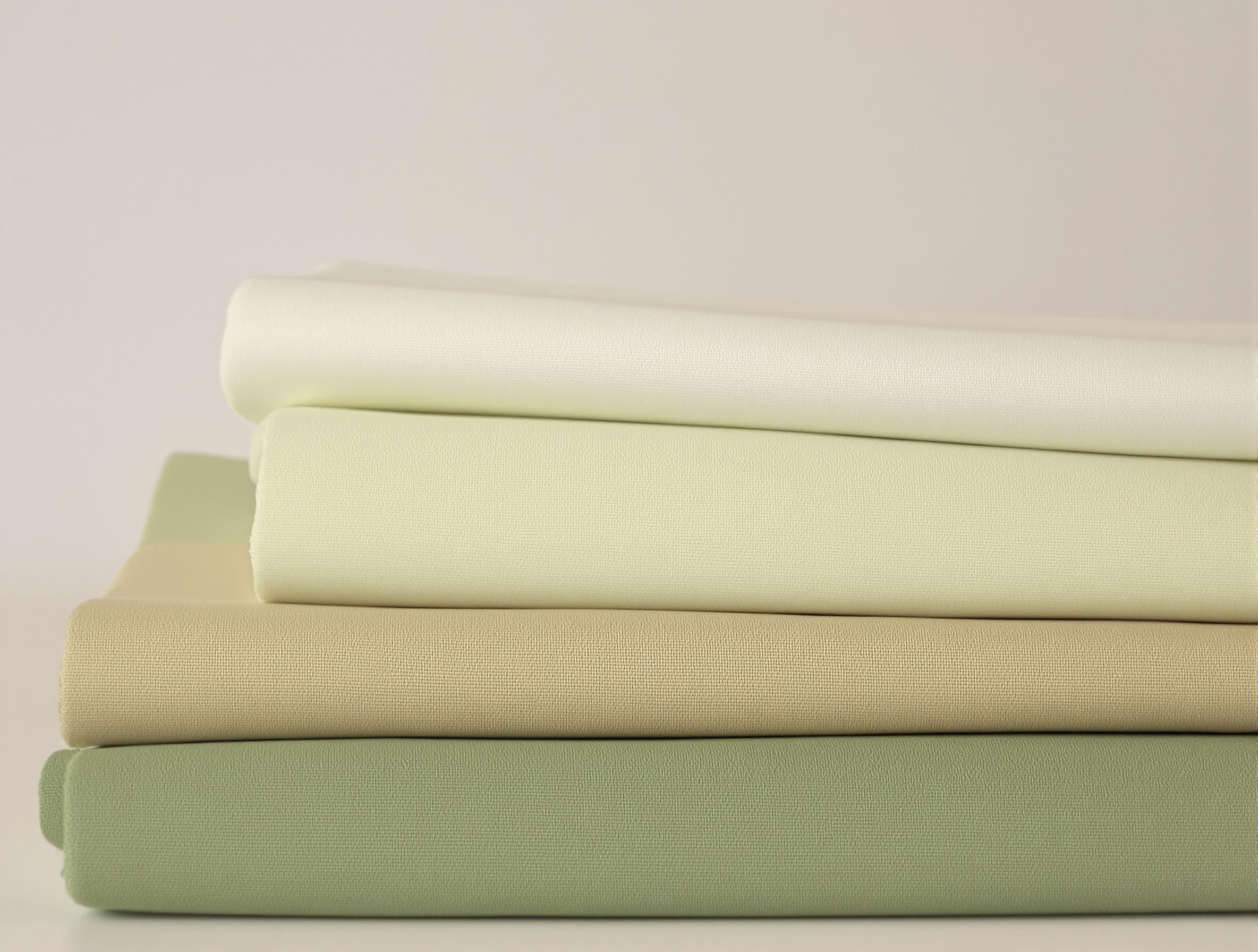 3 fat quarters verts et beige posés sur un plan de travail