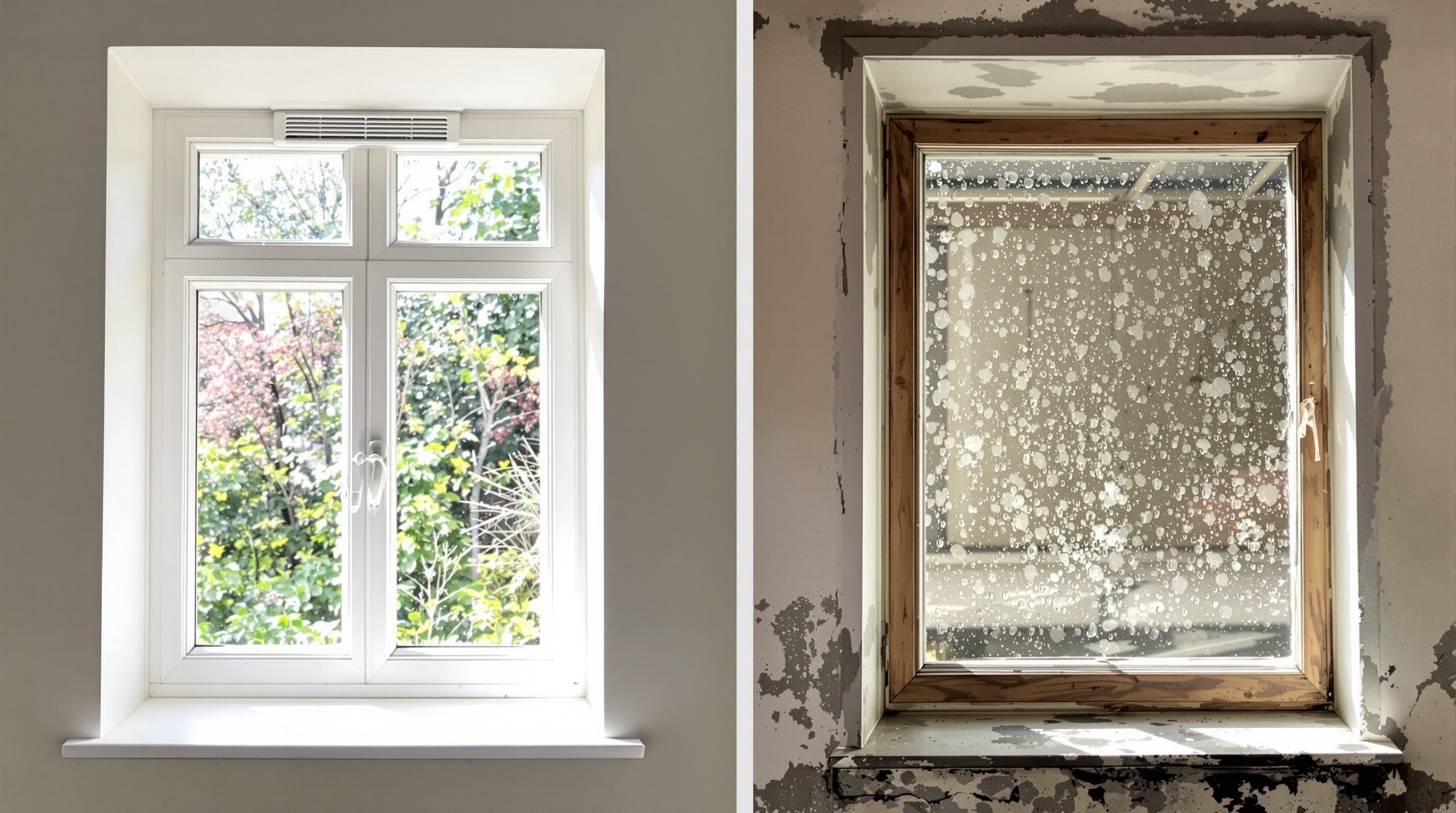 Fenêtre moderne avec aération visible en haut, contraste avec une ancienne fenêtre sans aération, intérieur sain vs intérieur humide et moisi en arrière-plan.