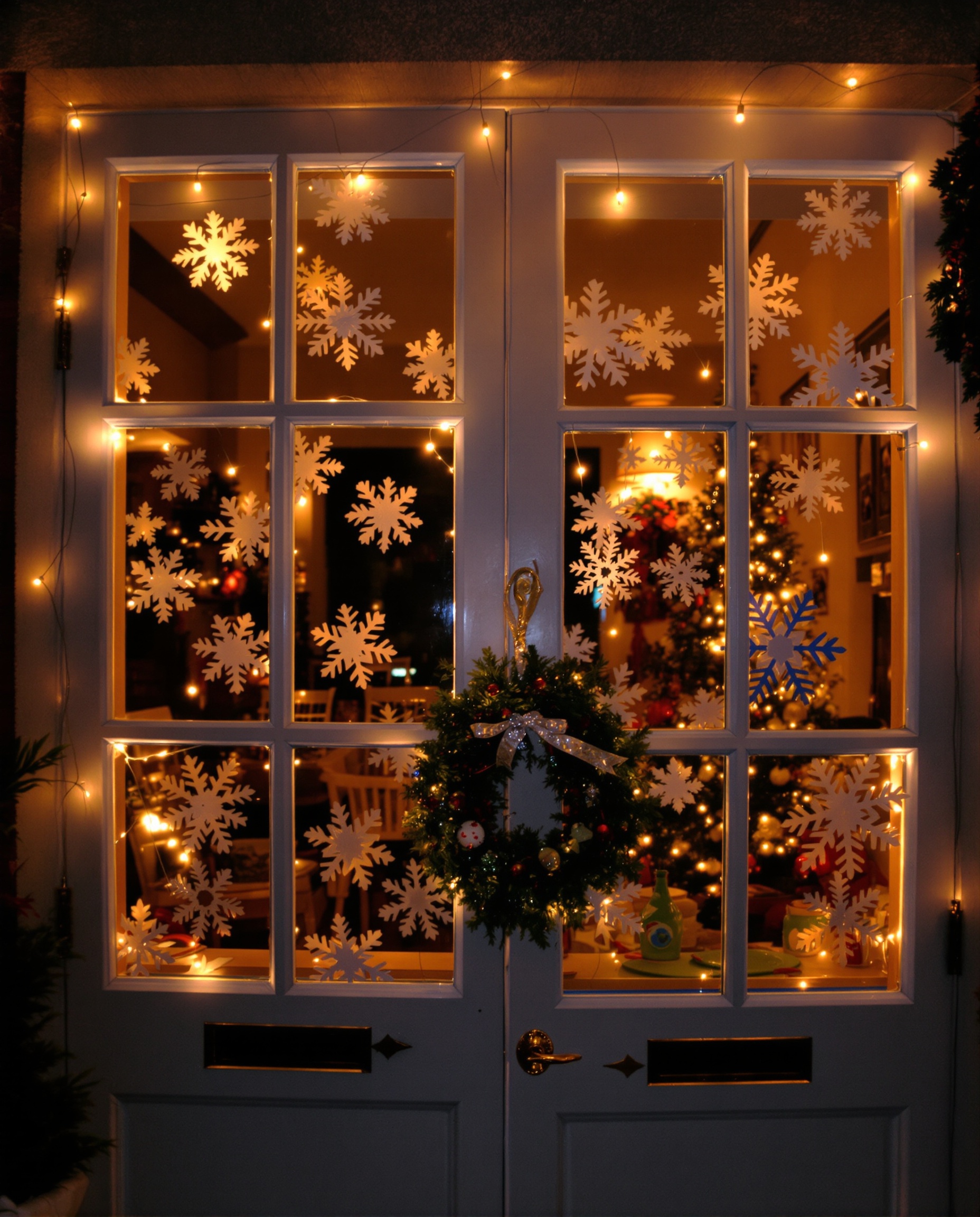 fenêtres portes noël extérieur décoration bricolo flocons couronne guirlande