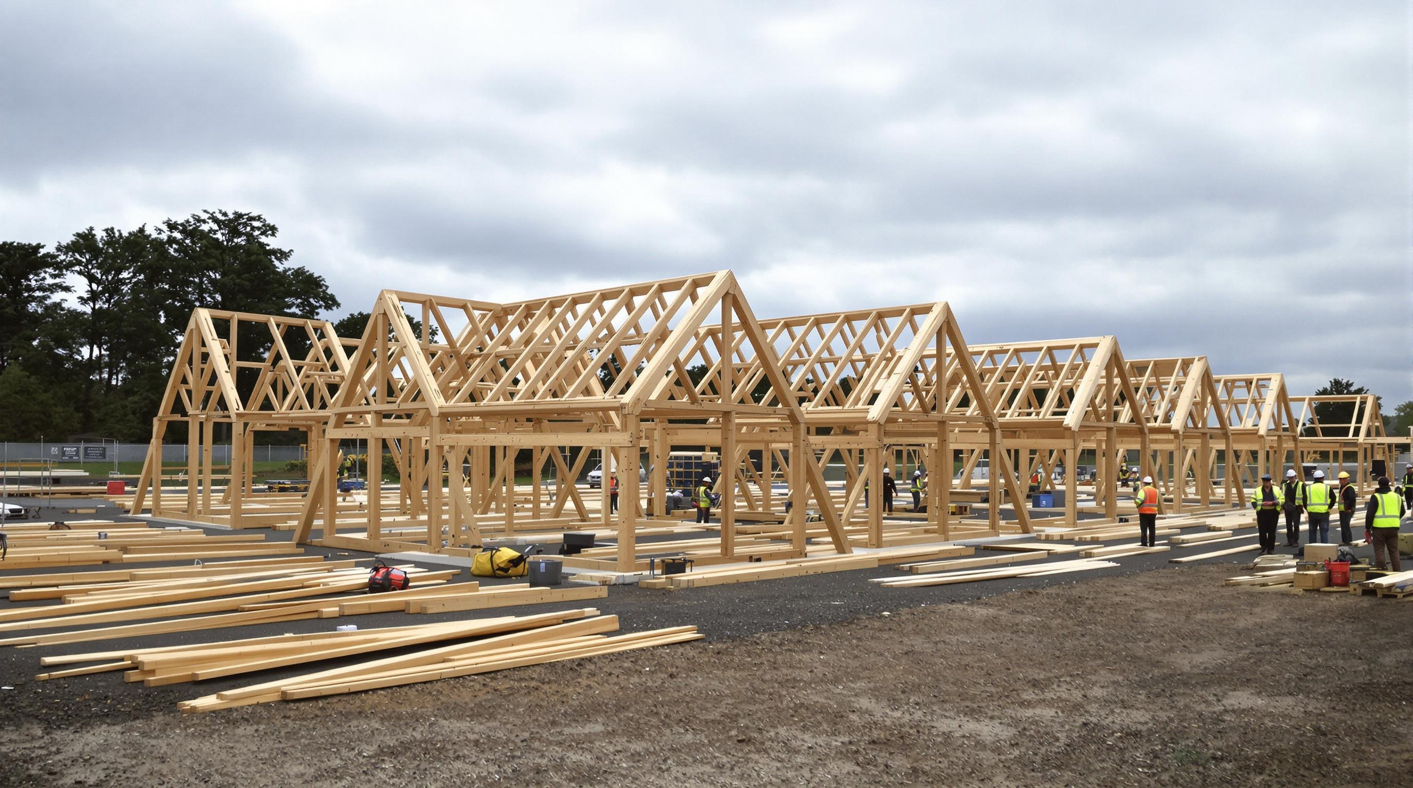Vue de plusieurs fermettes pré-assemblées sur chantier
