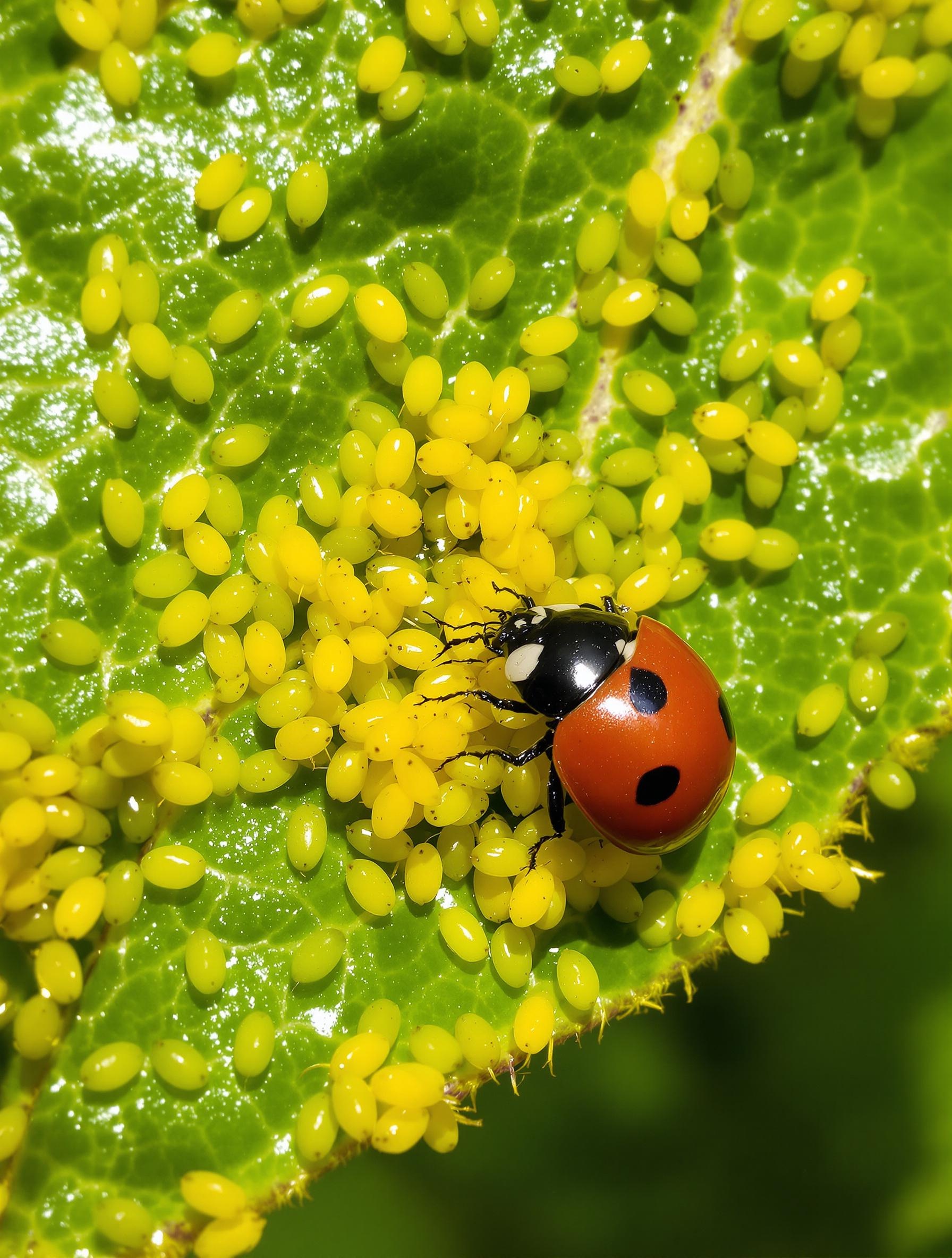 Coccinelle sur une feuille de laurier rose dévorant un puceron