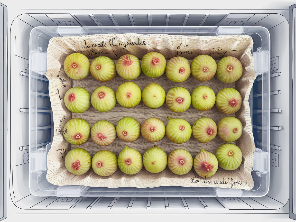 Figues fraîches alignées sur papier absorbant dans une boîte entrouverte en réfrigérateur – style croquis