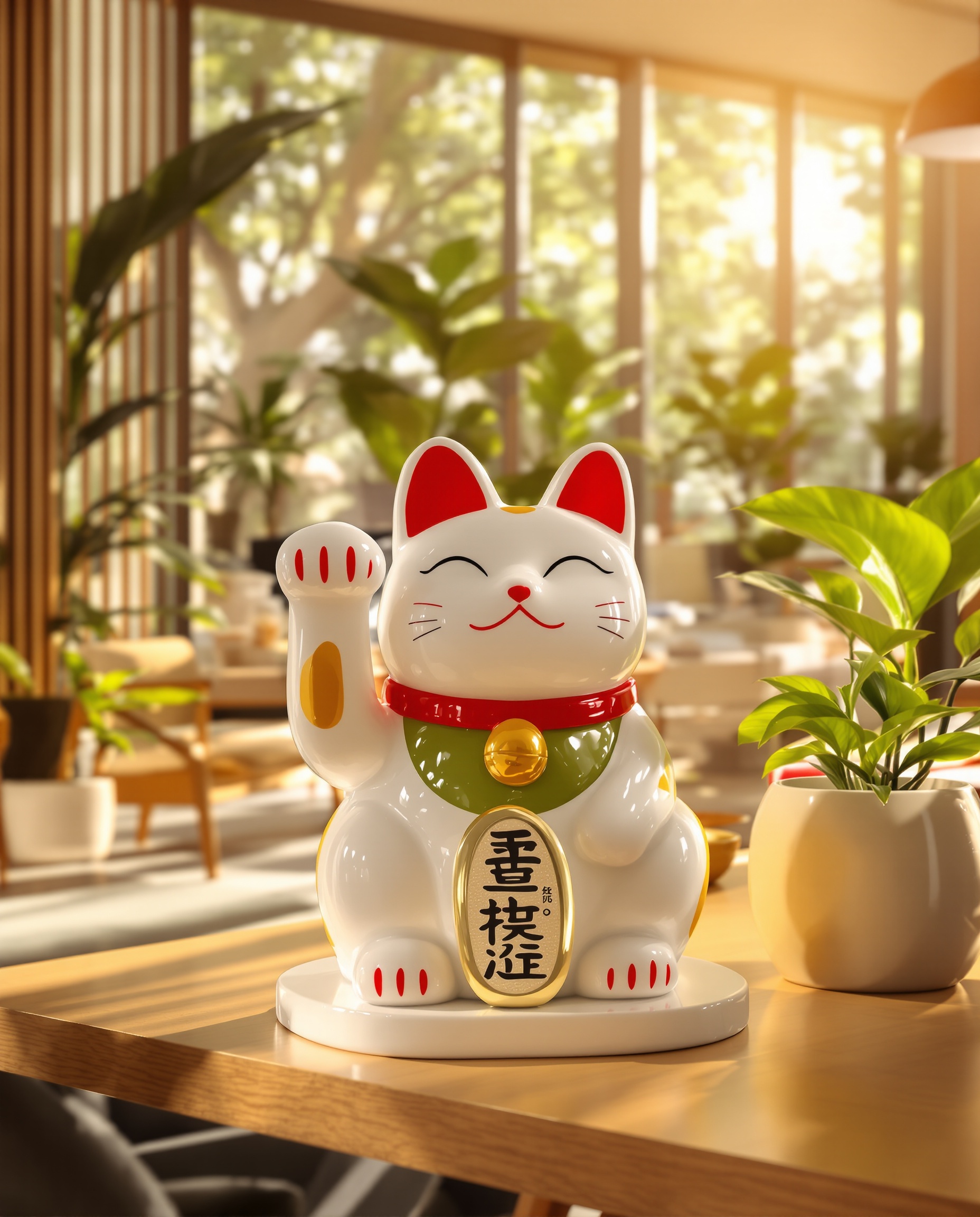 Une figurine de Maneki-Neko, le chat japonais porte-bonheur, avec une patte levée, invitant la prospérité dans un intérieur moderne et chaleureux.