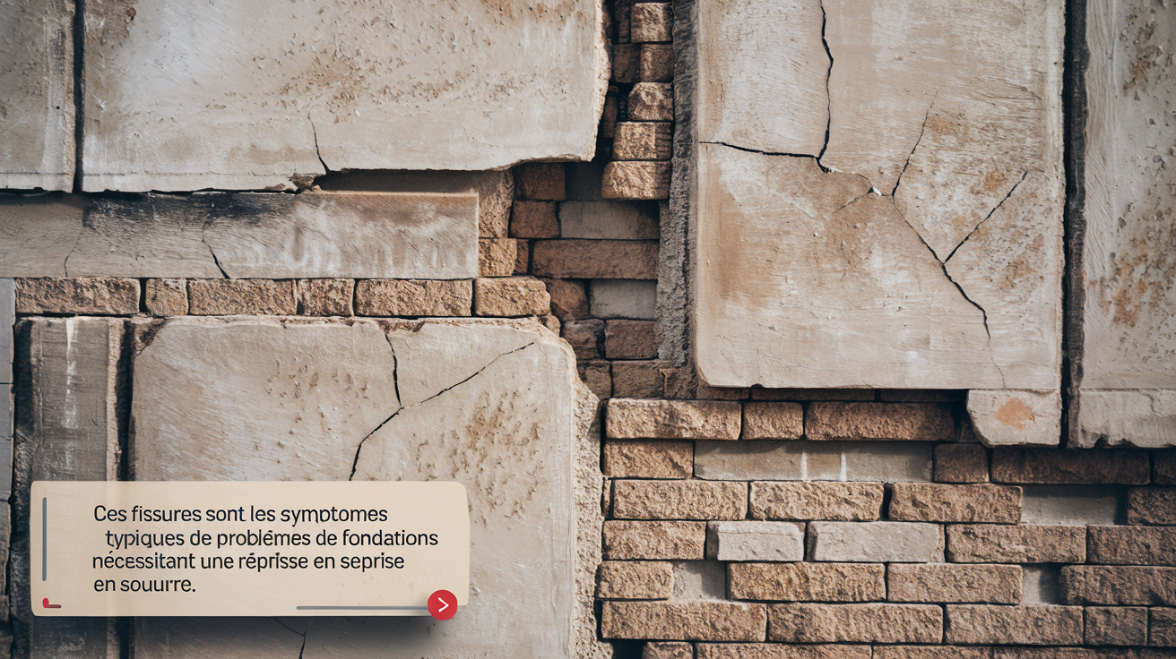 Fissures sur un mur ancien causées par un affaissement des fondations.