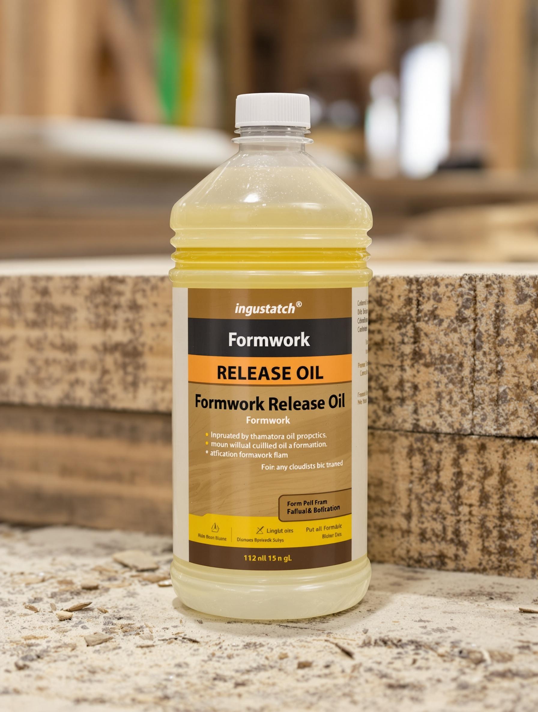 Flacon d'huile de décoffrage à côté d'un coffrage en bois.