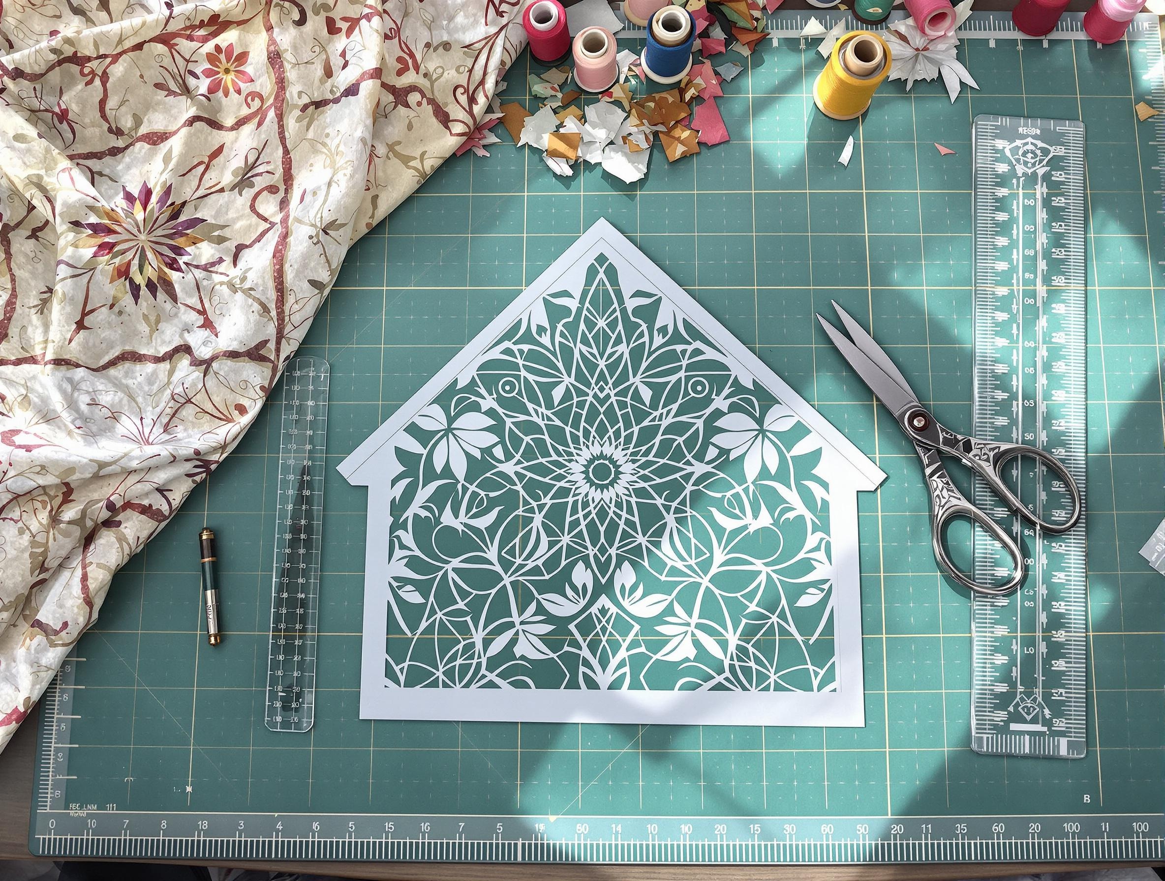 Gabarit elfique pour patchwork sur une planche de découpe