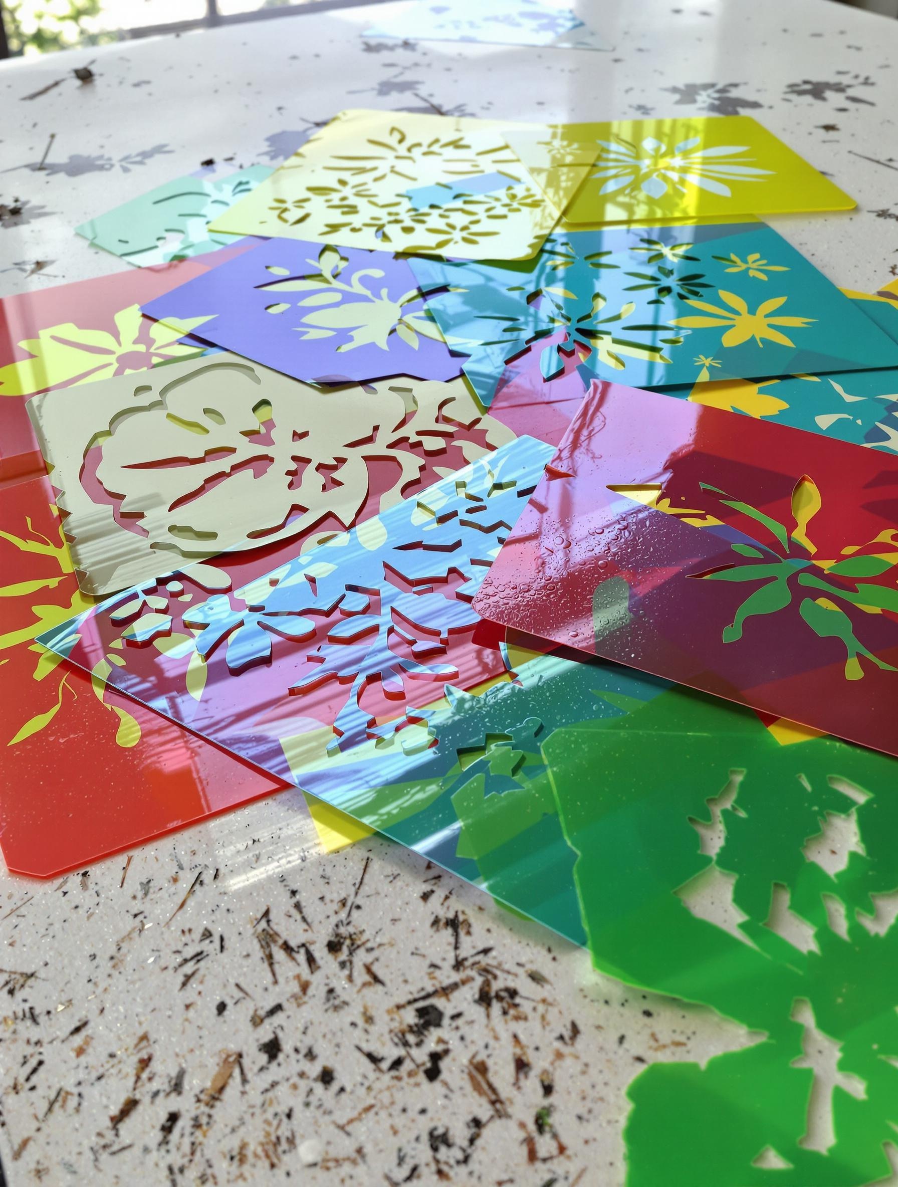 Gabarits floraux plastique coloré sur plan taché de fil