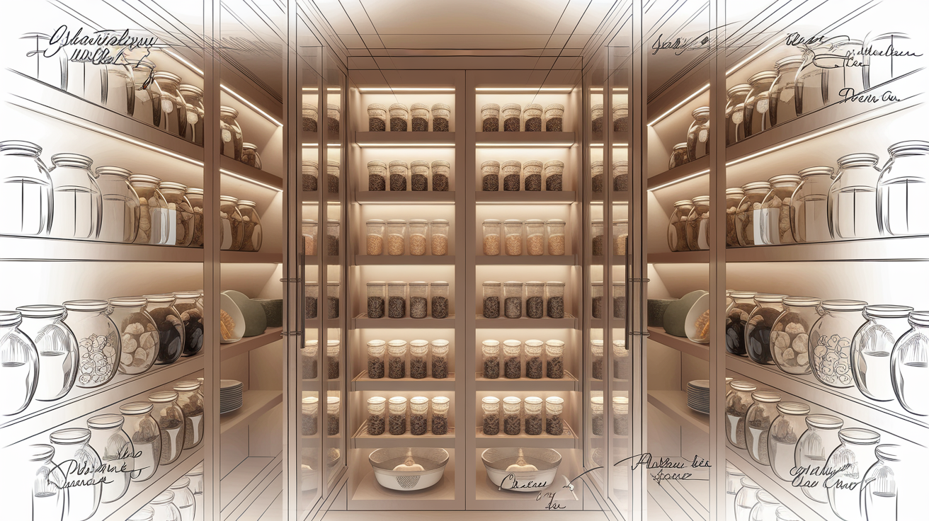 Garde-manger moderne éclairage LED bocaux verre organisation parfaite