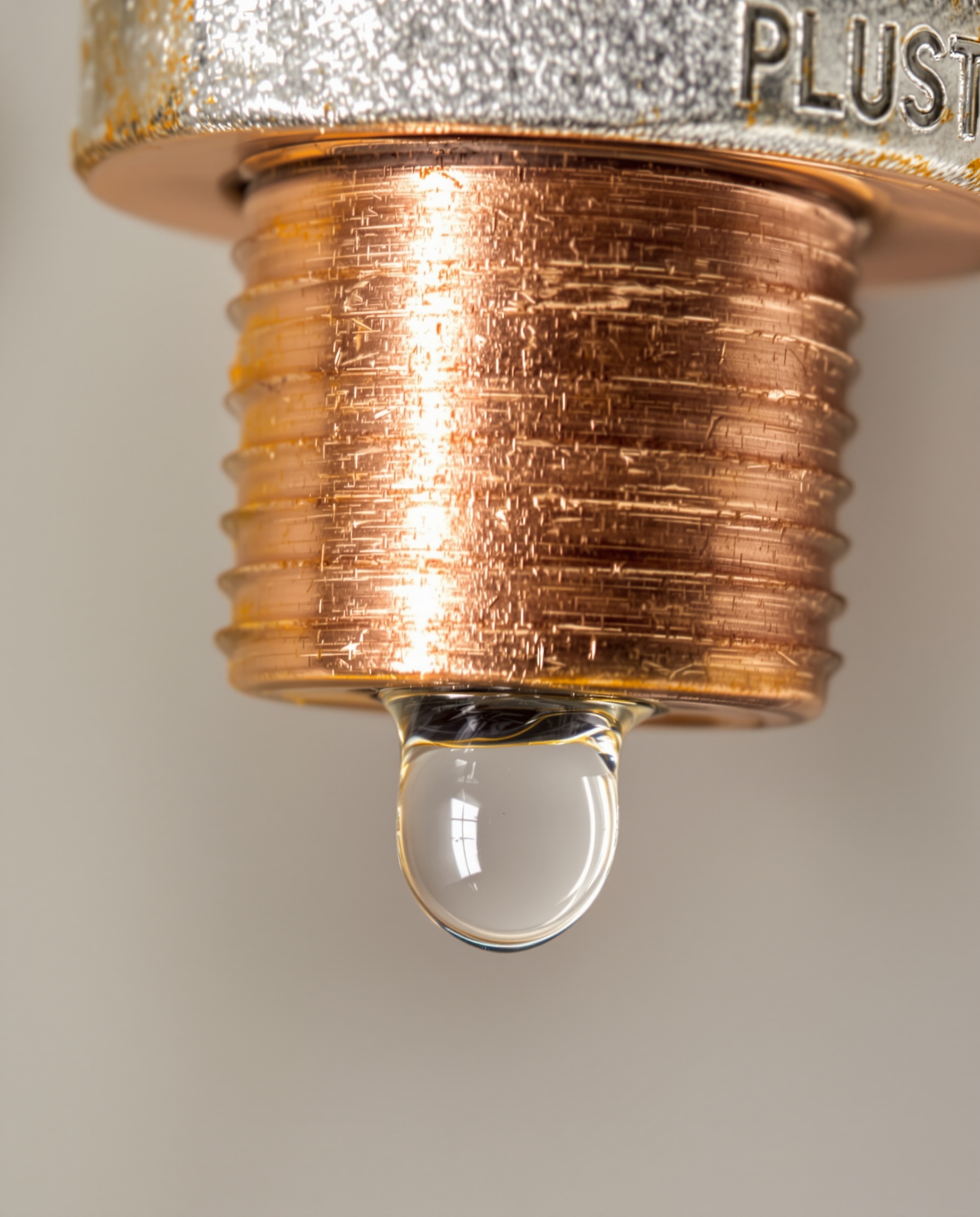 Gros plan sur un raccord de tuyauterie en cuivre ou laiton avec une goutte d'eau qui perle au niveau du filetage, signe d'une étanchéité défaillante.