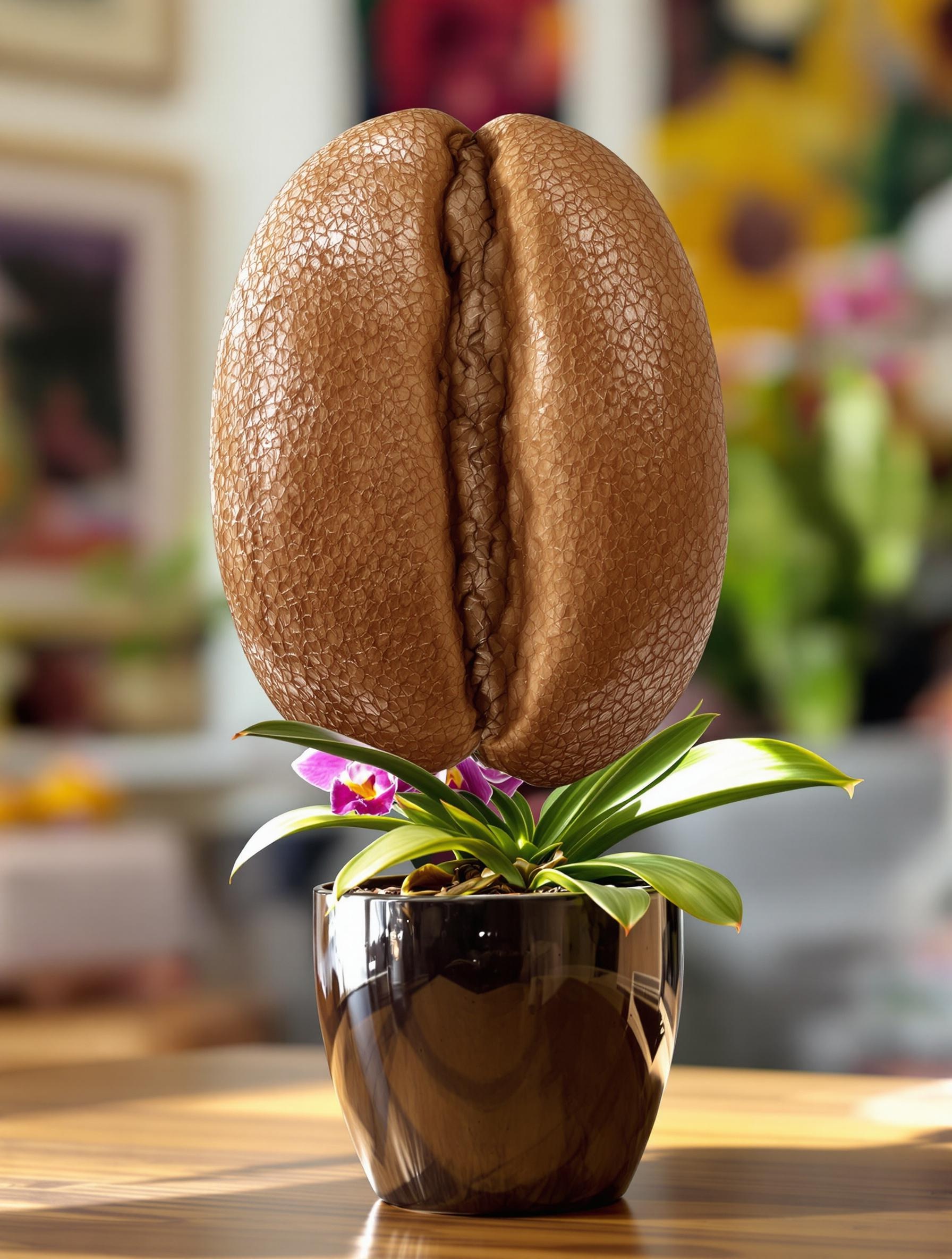 Grain de café géant sur pot d'orchidée – humour complice