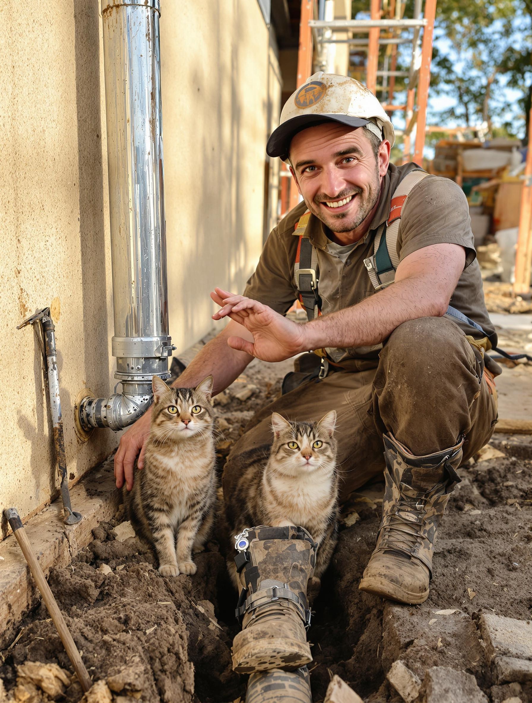Artisan satisfait saluant son drain fraîchement posé, avec un chat sceptique observant le chantier boueux.