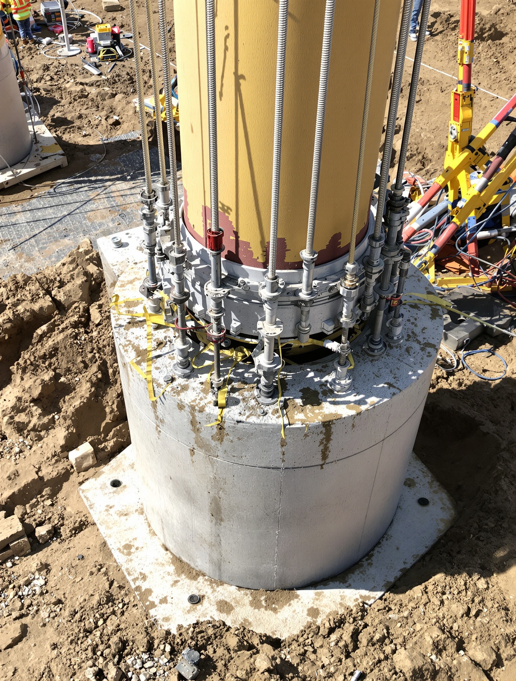 base mât éolienne DIY avec plots béton et haubans tendus