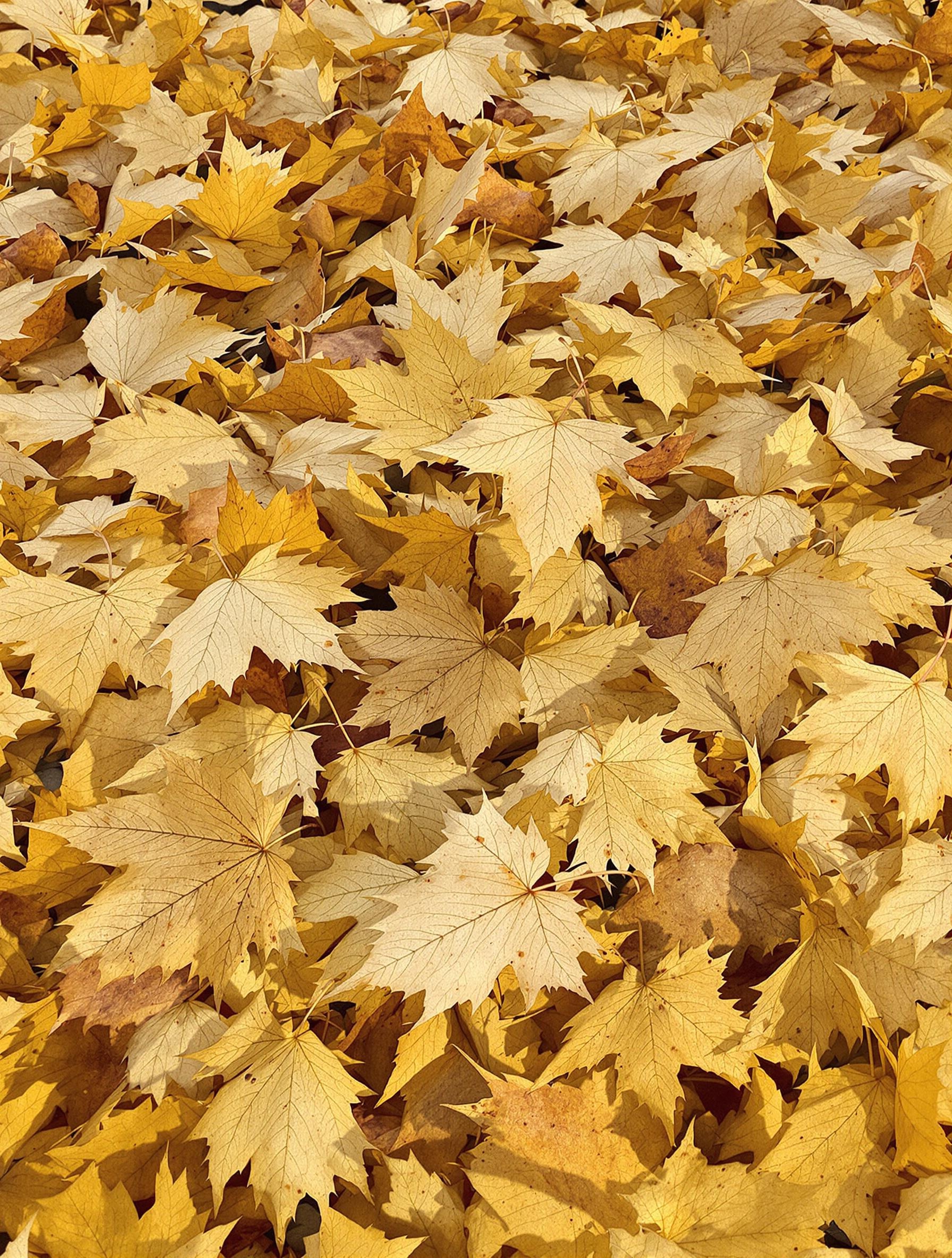 Feuilles de catalpa tombées au sol, formant un tapis épais.