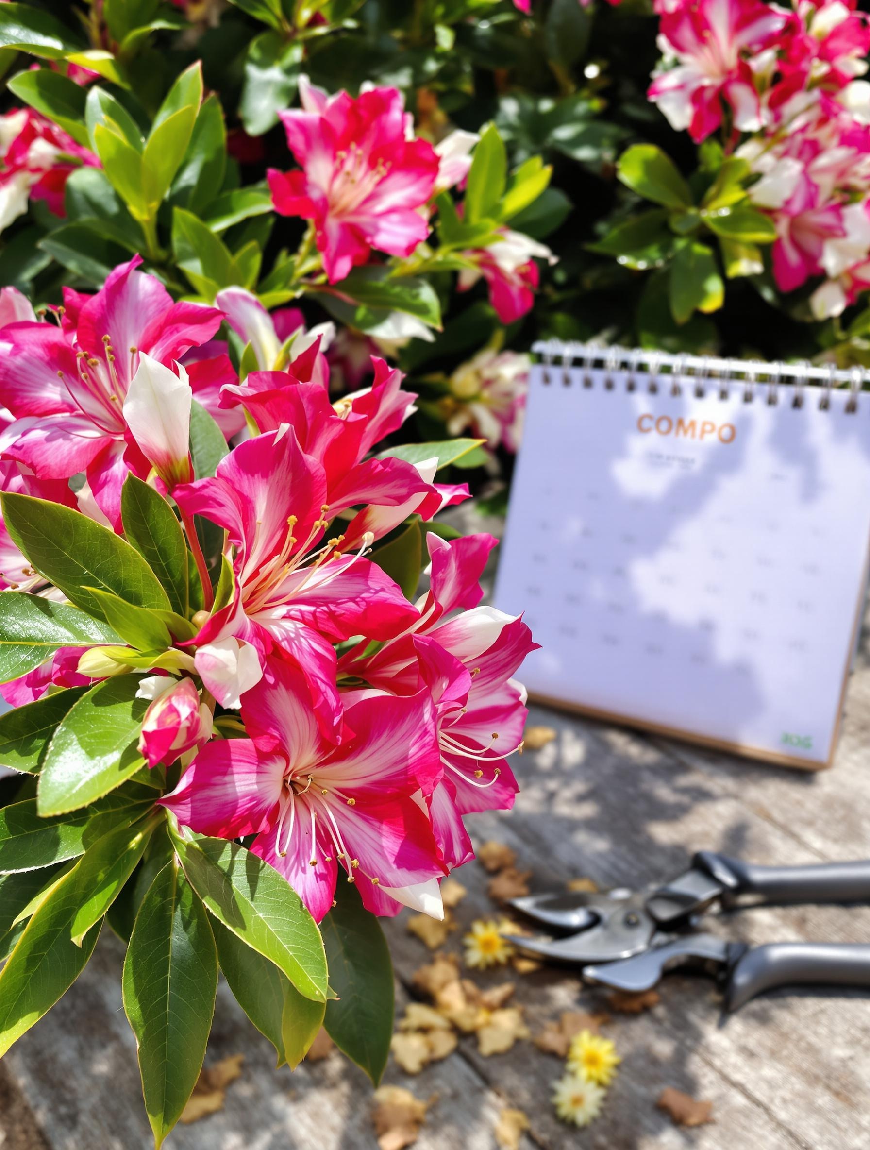 Laurier-rose en pleine floraison au printemps avec un sécateur prêt pour la taille