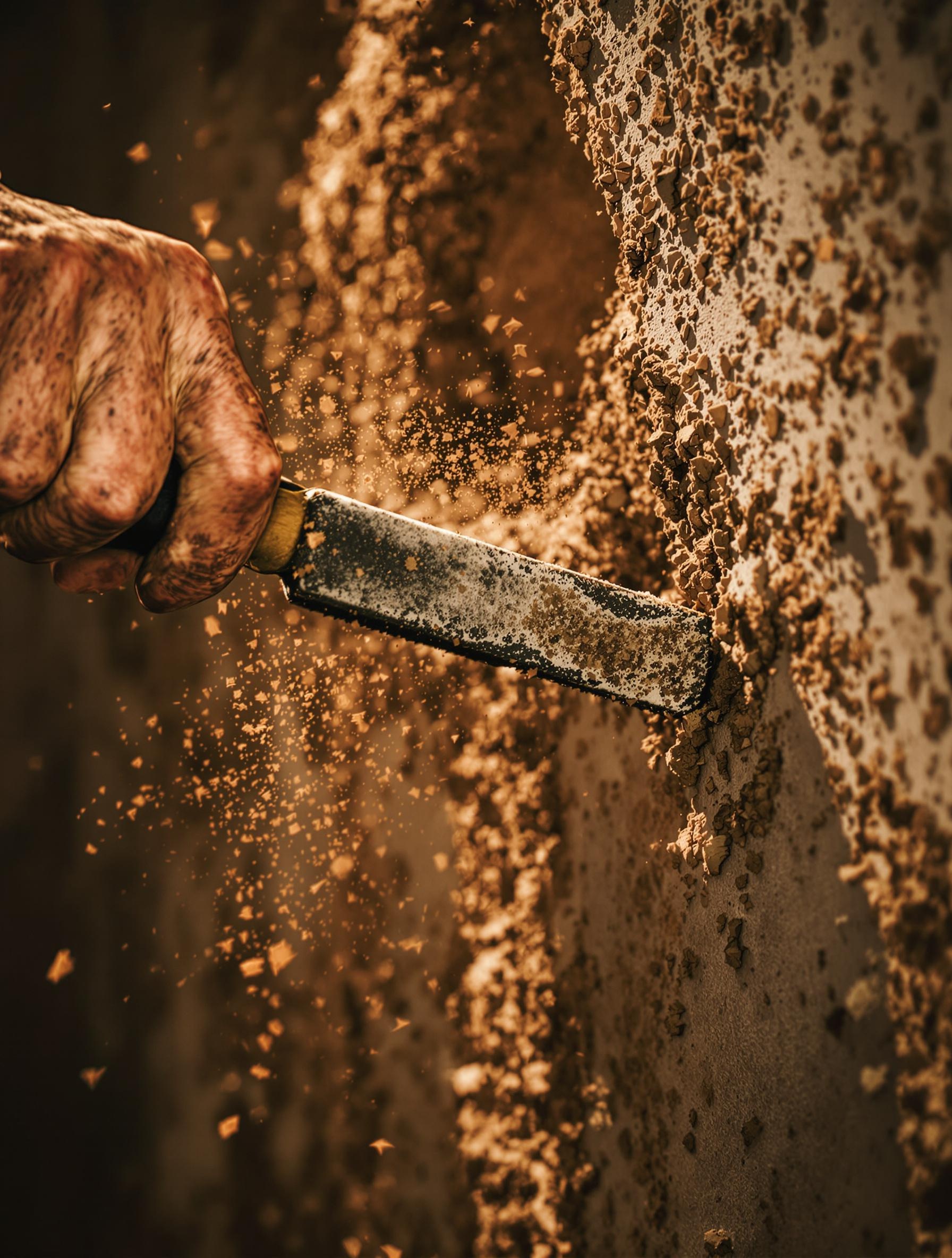 Détail d’un burin et d’une brosse métallique utilisés pour purger un mur en torchis
