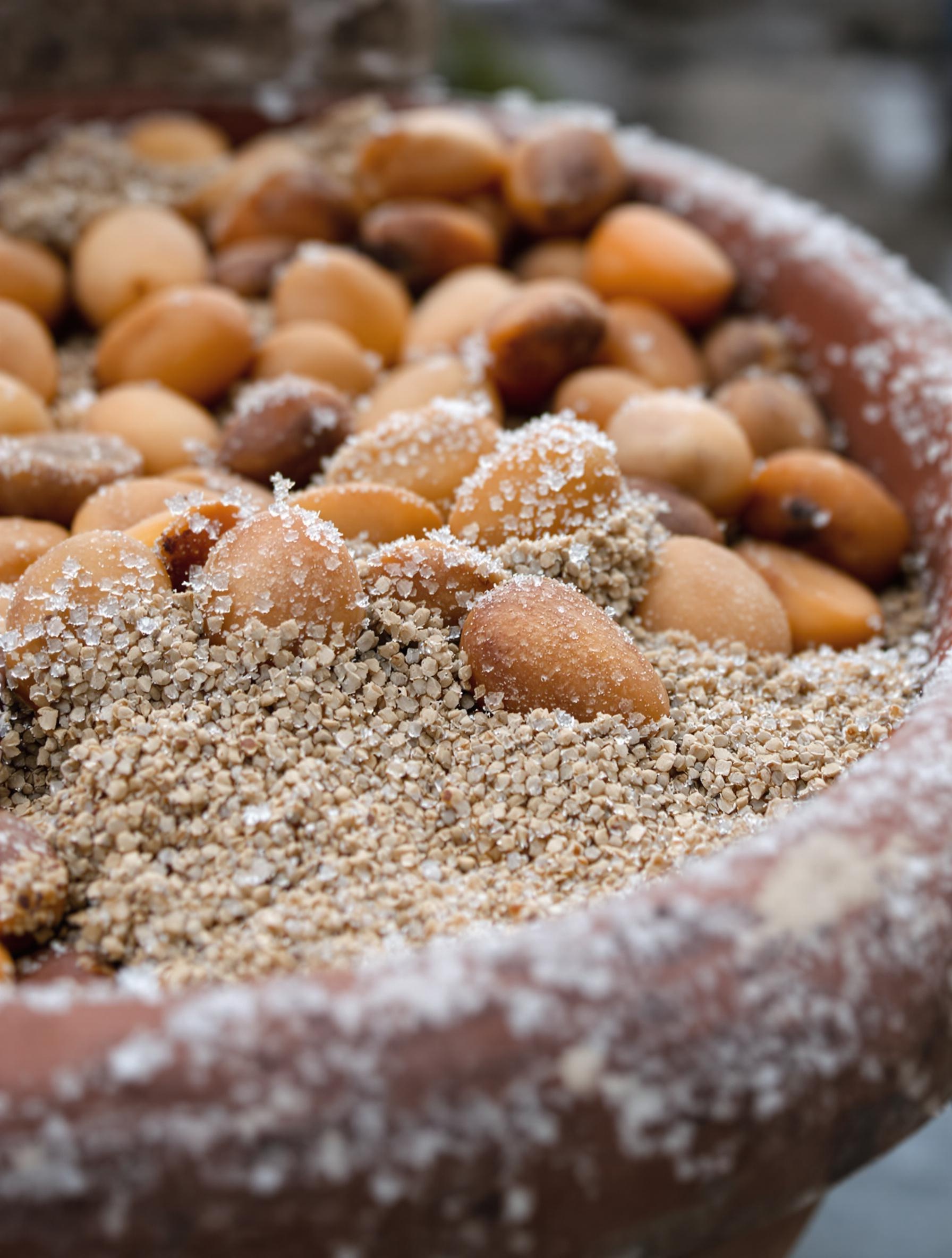 Noyaux d’abricot stratifiés dans un pot de sable gelé