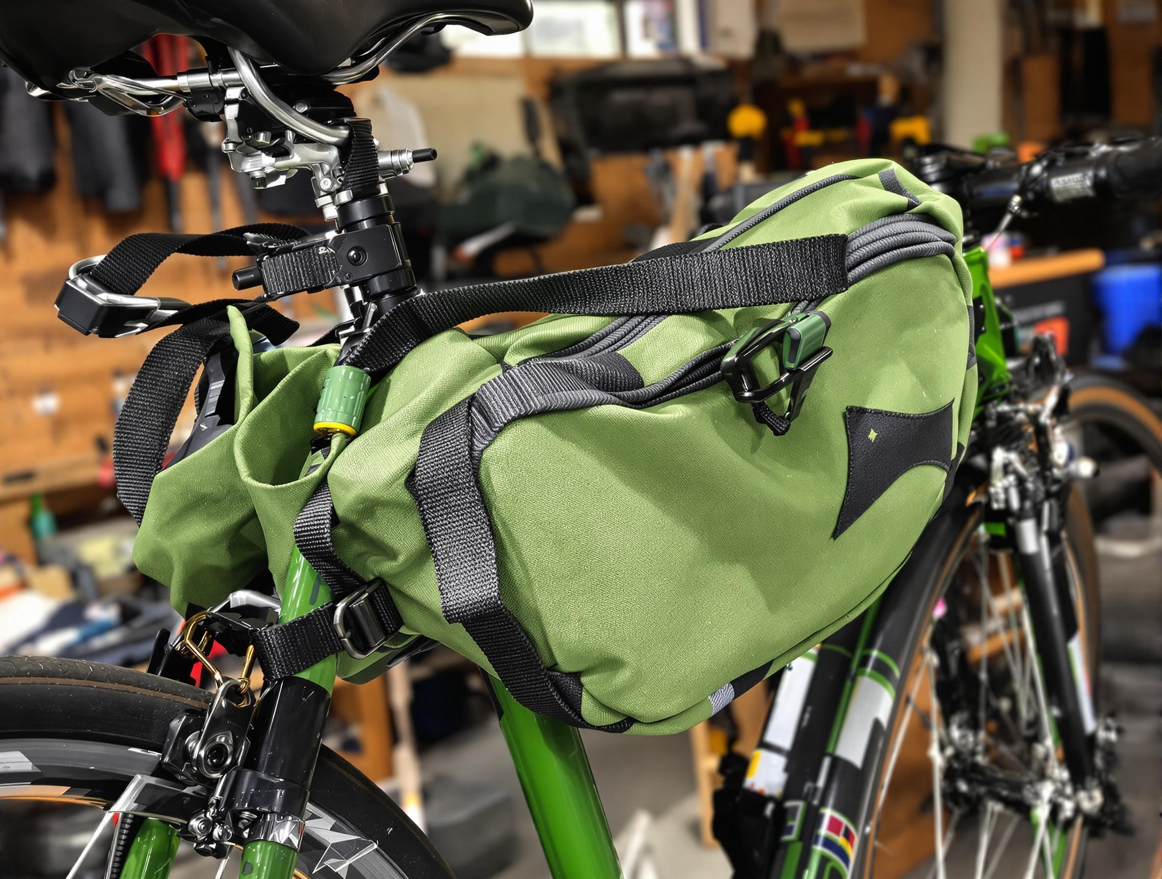 Fixation d'un patchwork vélo vert sur une sacoche ou un cadre avec sangles, scratchs et clips.