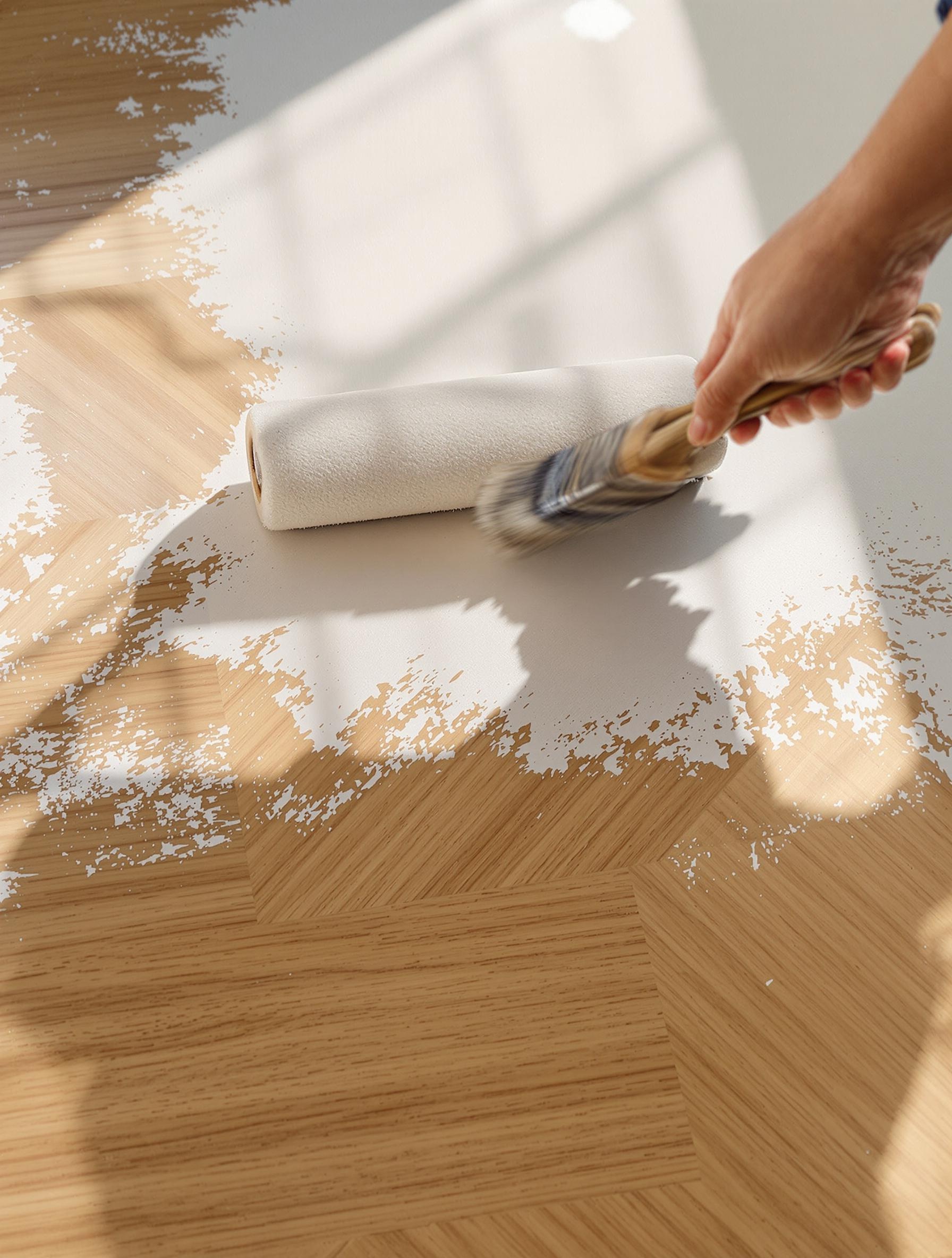Application peinture parquet gestes croisés rouleau 45 degrés