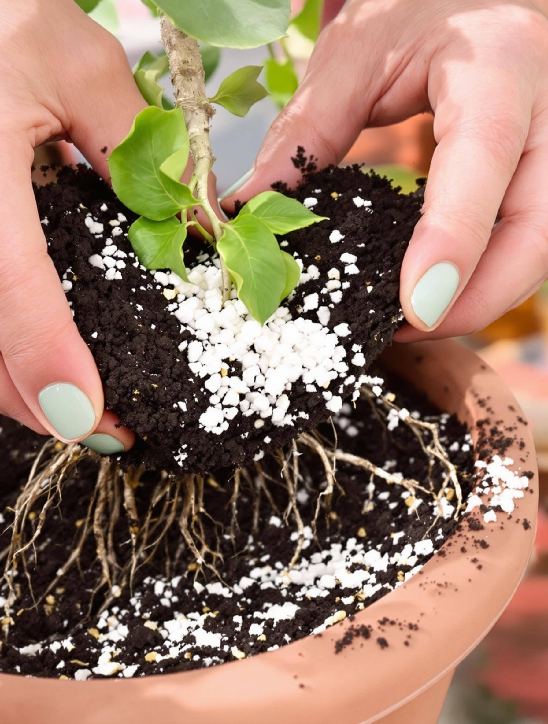 Rempotage d’un citronnier avec compost, perlite et pot drainant.