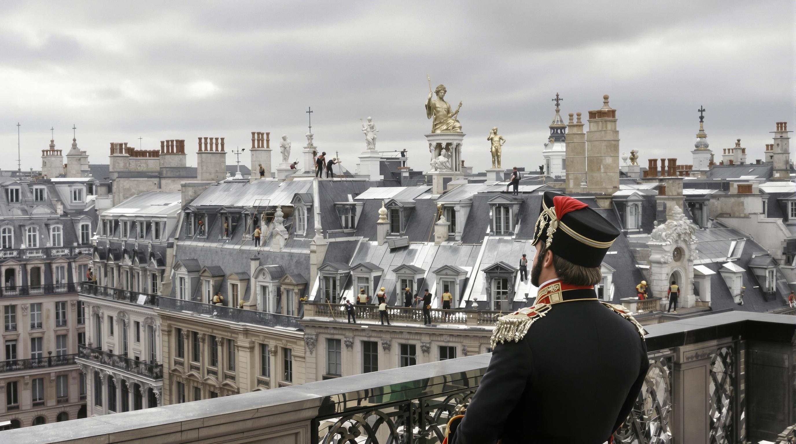 Illustration de Haussmann et Napoléon III observant la pose de toits en zinc sur des immeubles parisiens du Second Empire.