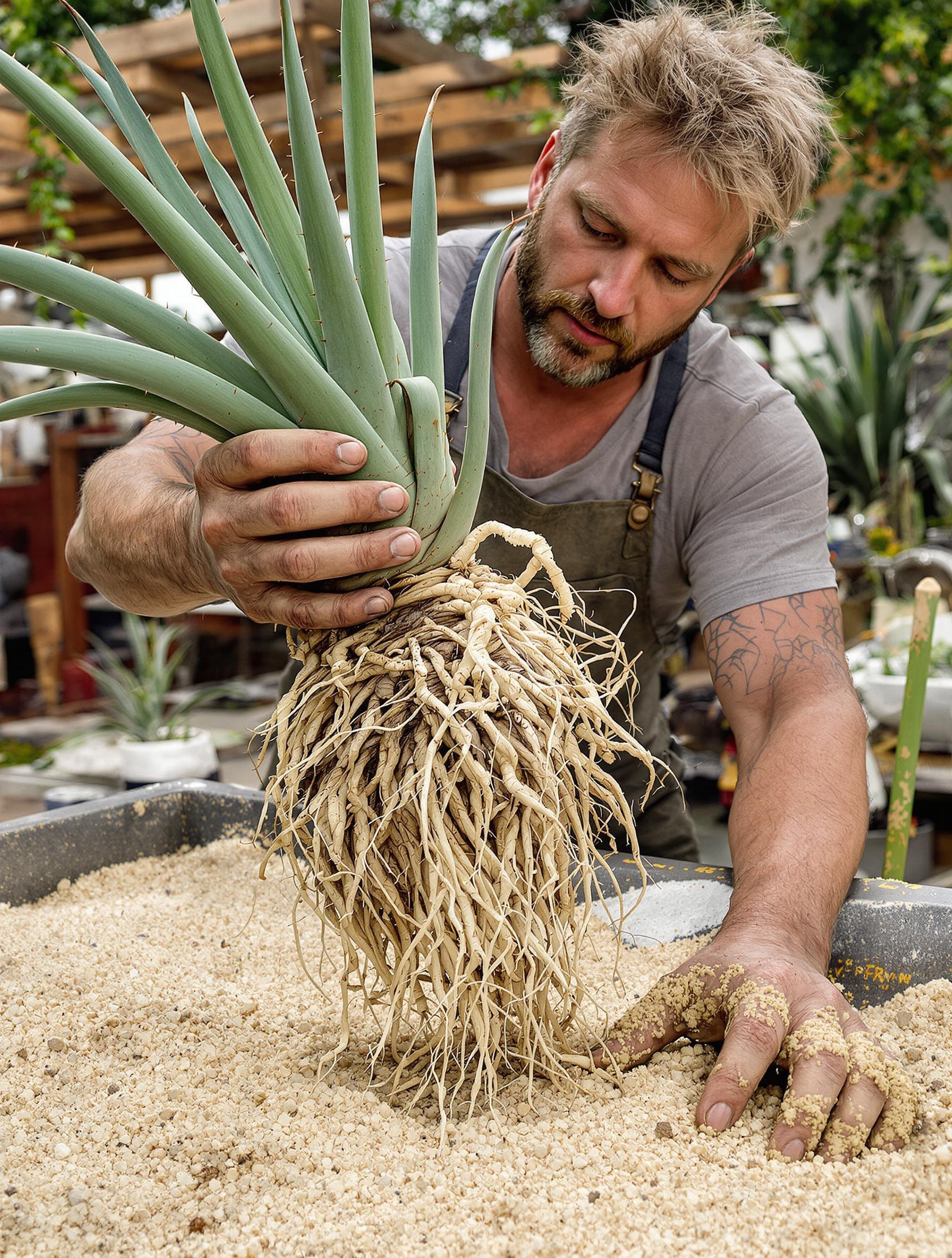 Racines charnues d’Aloe Vera débarrassées de la gadoue, prêtes pour un substrat drainant sable/perlite.